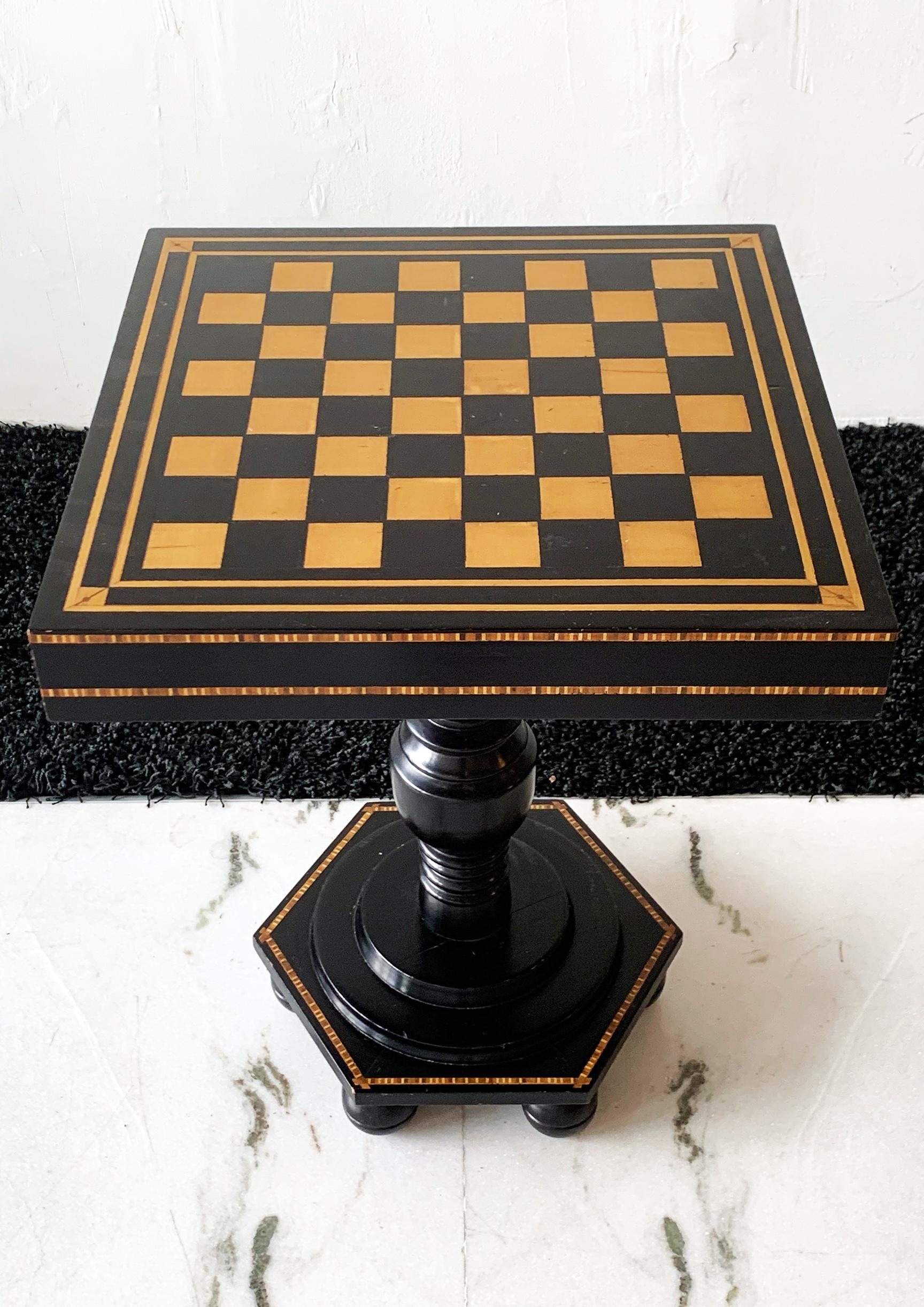 Ebonized and Inlaid Art Deco Game Table with Chess Pieces 1