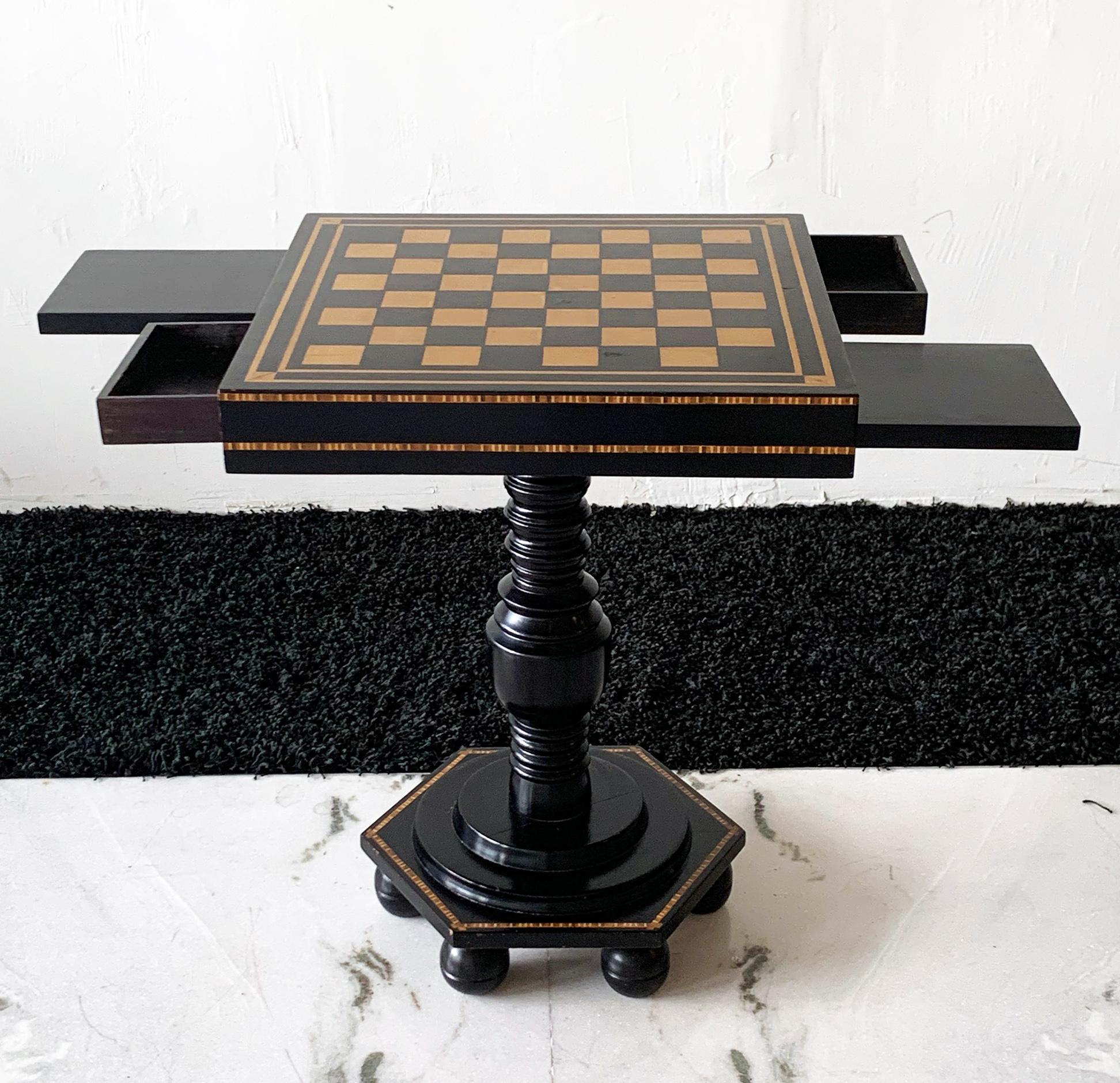 Ebonized and Inlaid Art Deco Game Table with Chess Pieces 4