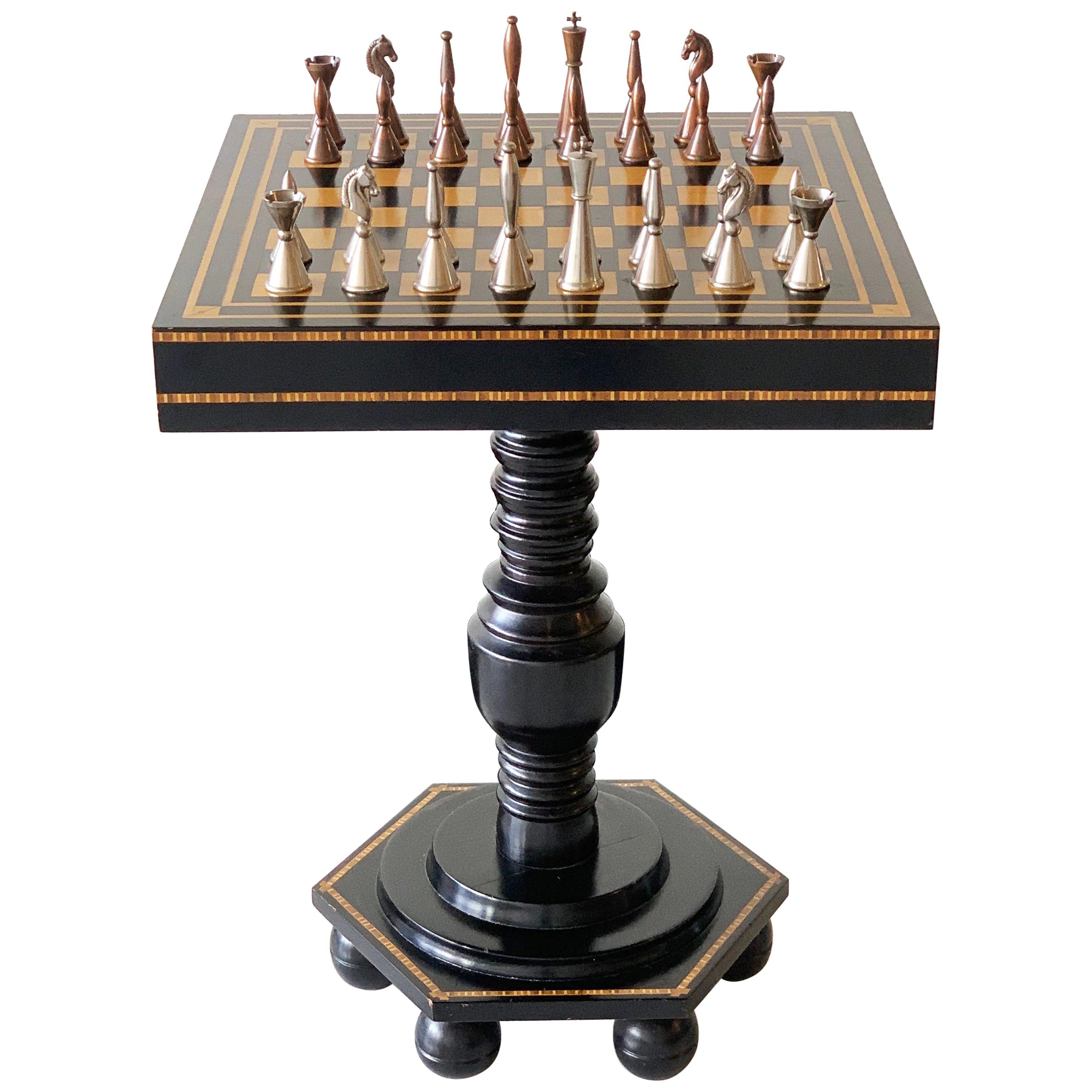 Ebonized and Inlaid Art Deco Game Table with Chess Pieces