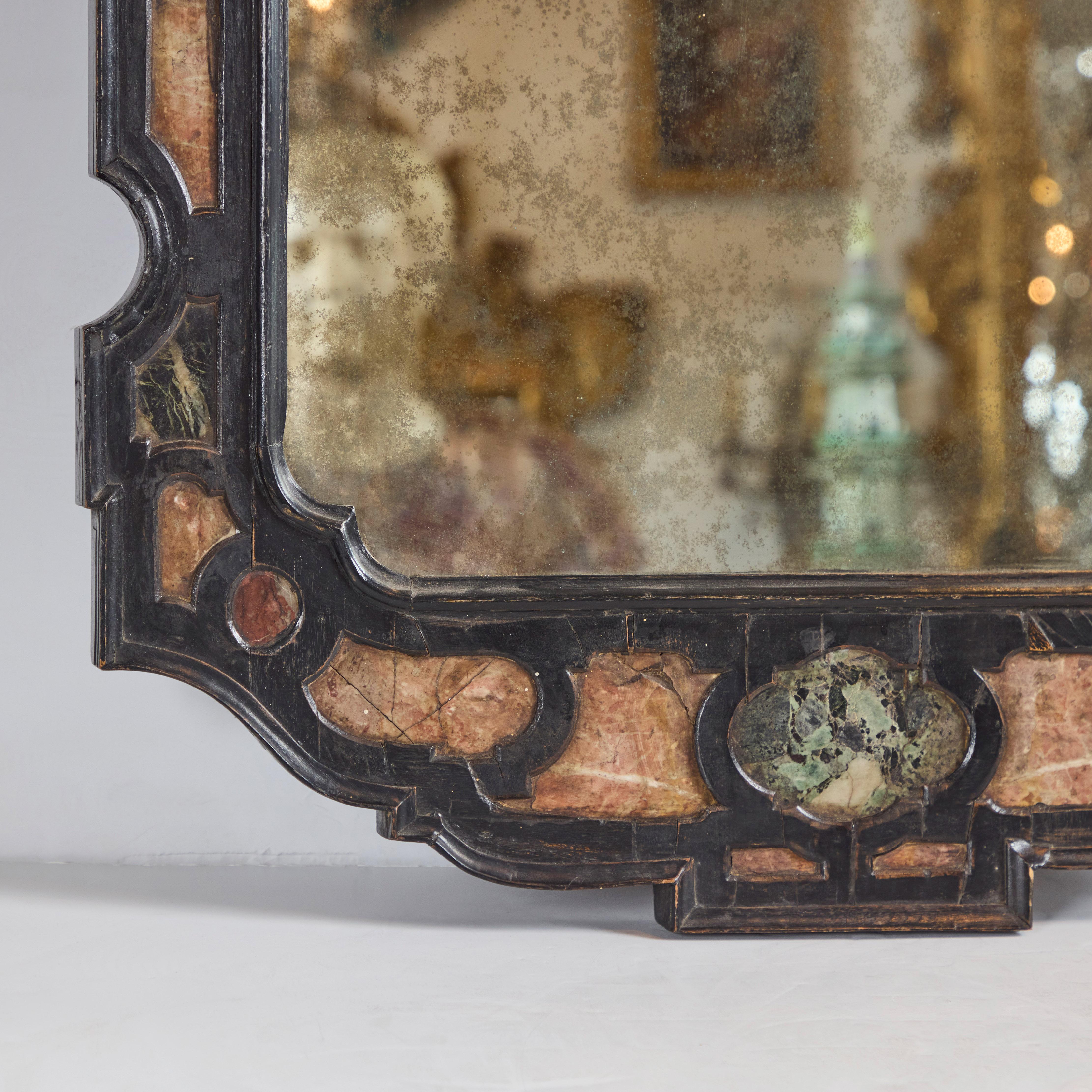 Hand-Carved Ebonized and Marble Mirror For Sale