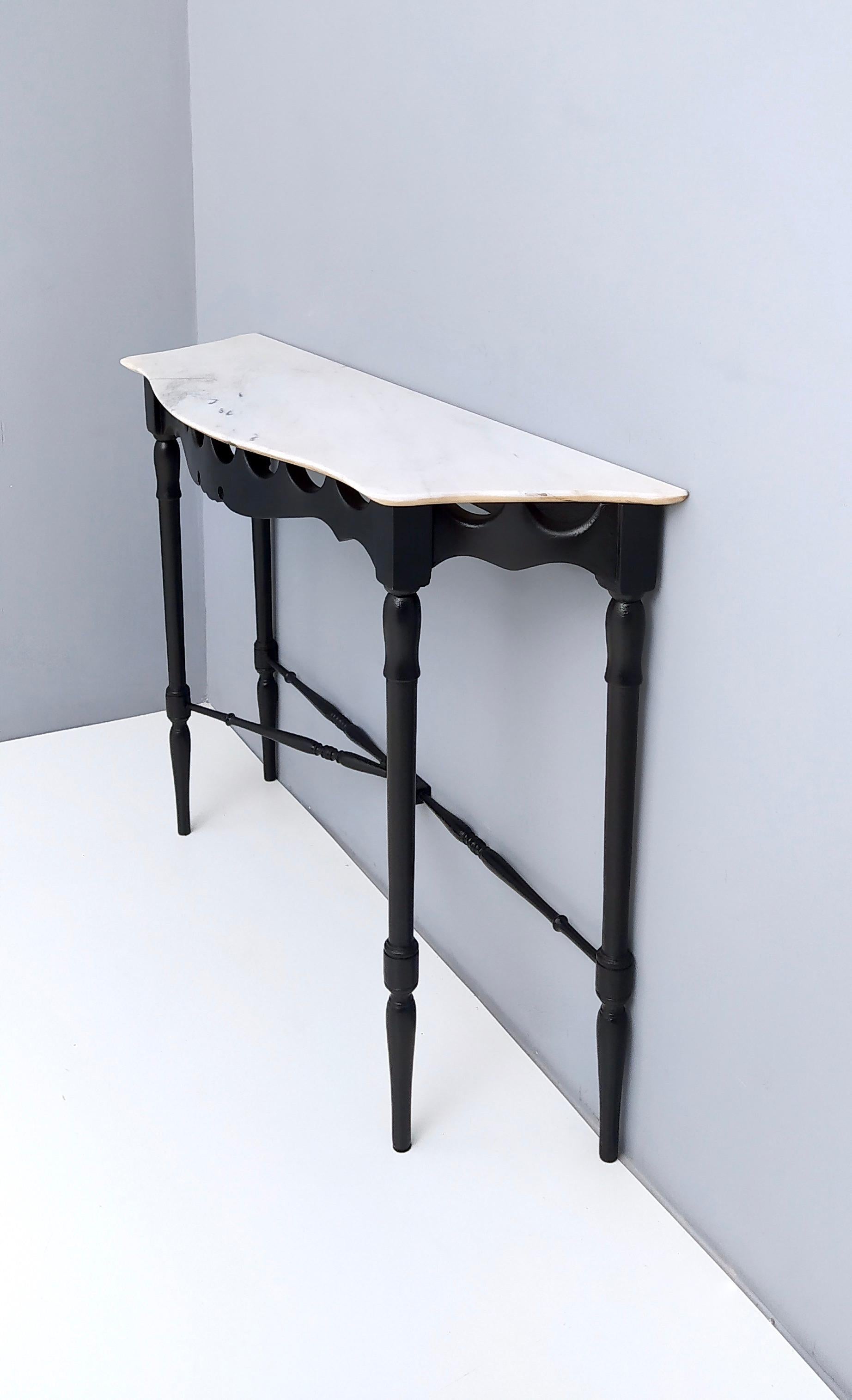 Mid-20th Century Vintage Ebonized and Turned Wood Console with a Flamed Carrara Marble Top, Italy