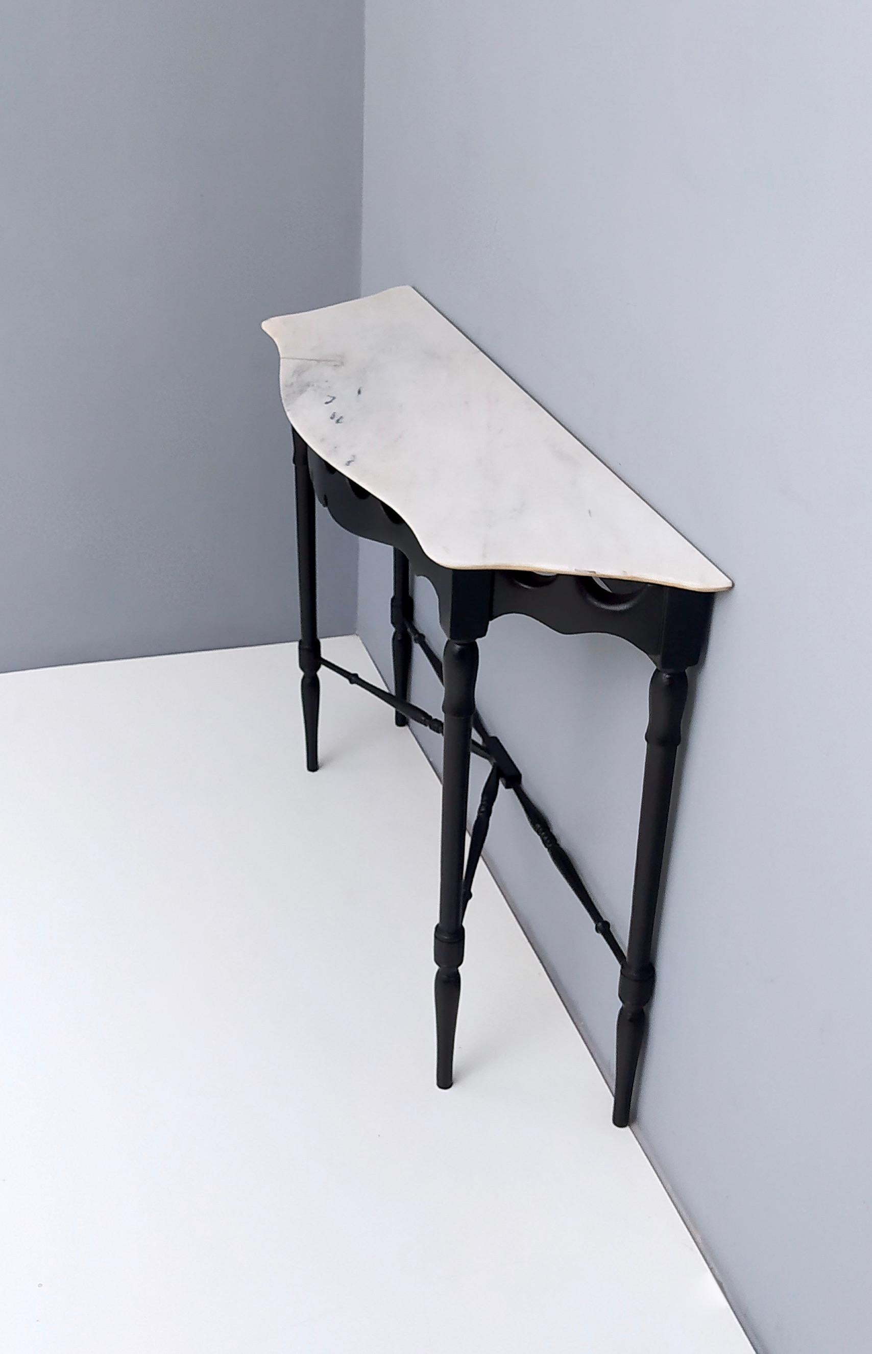 Walnut Vintage Ebonized and Turned Wood Console with a Flamed Carrara Marble Top, Italy