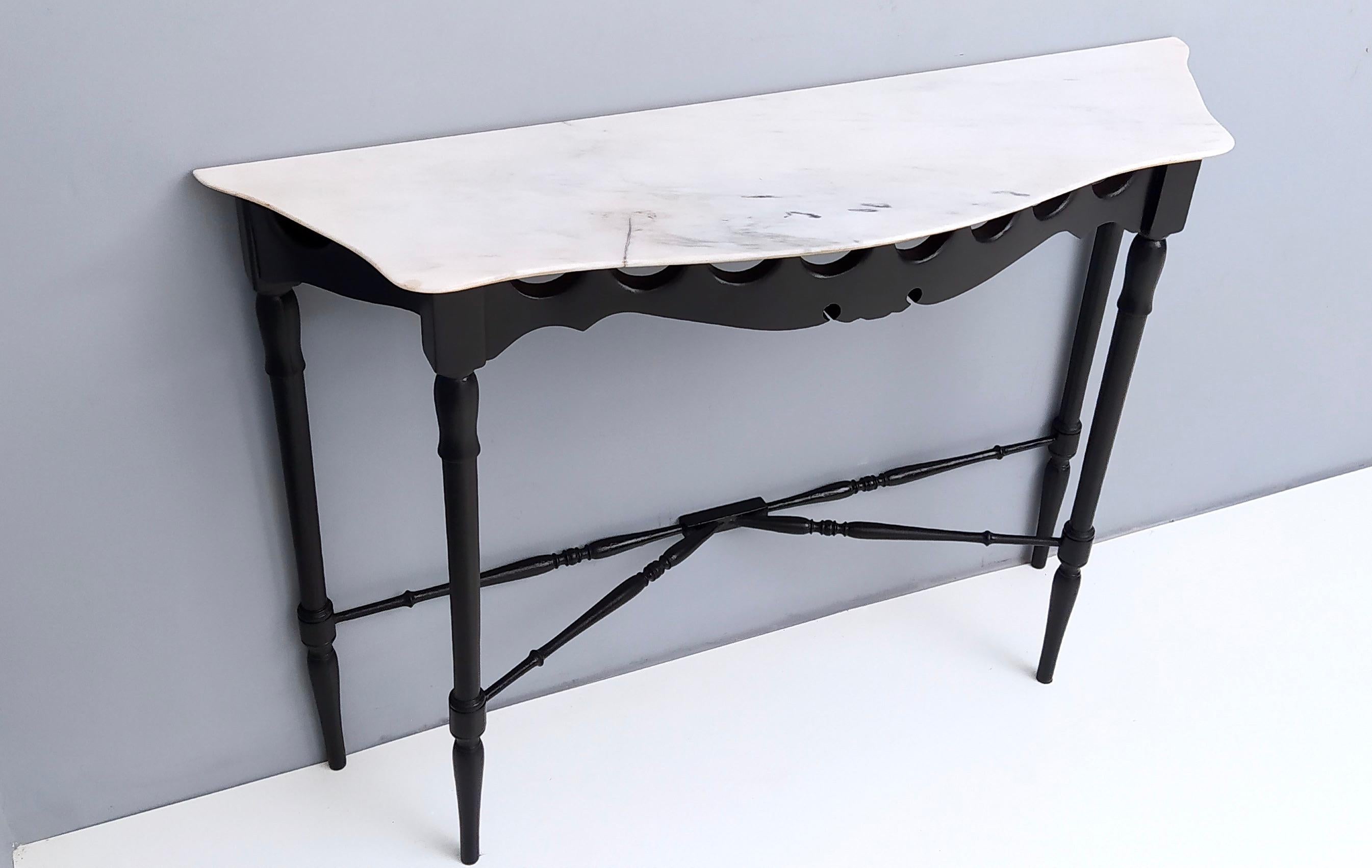 Vintage Ebonized and Turned Wood Console with a Flamed Carrara Marble Top, Italy 1