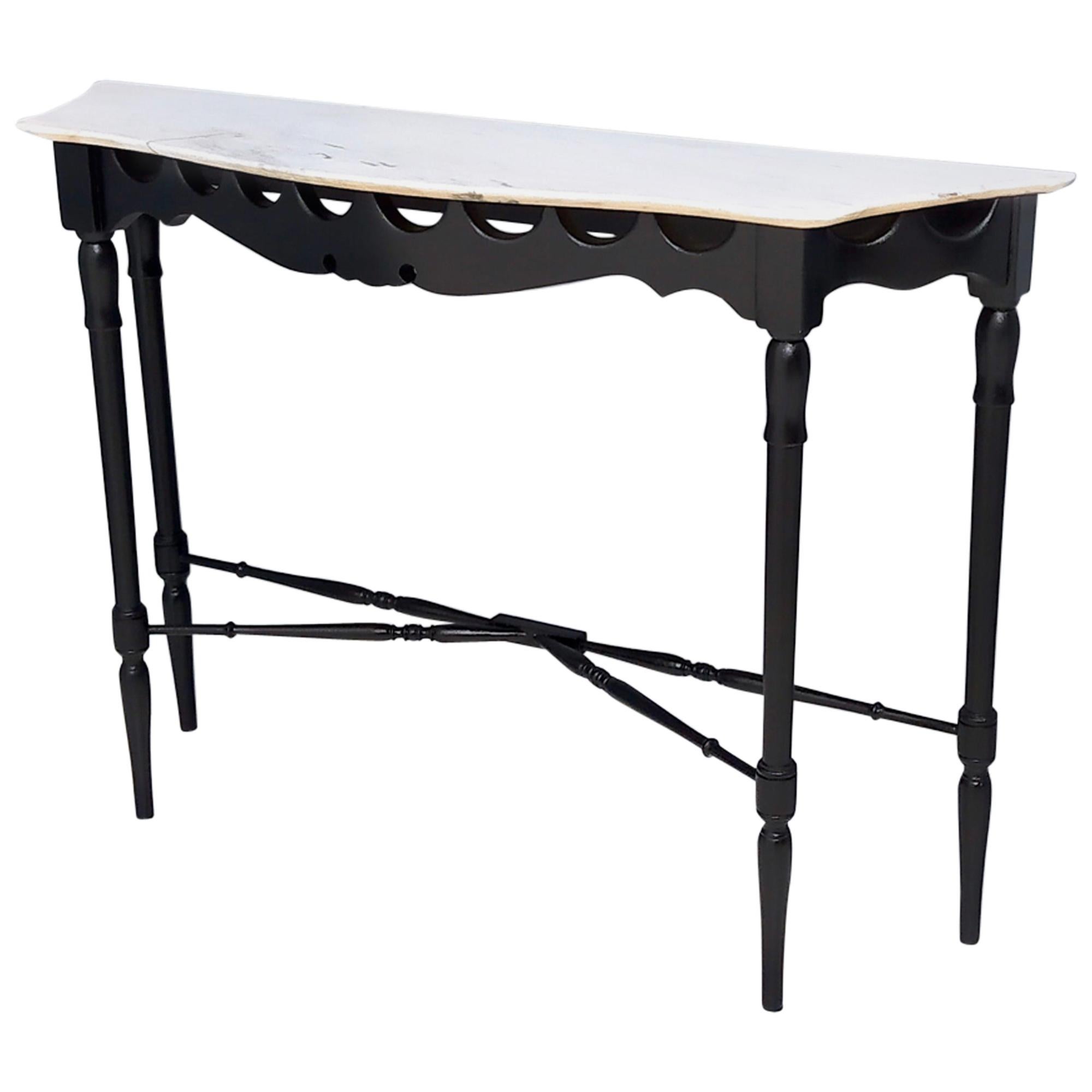 Vintage Ebonized and Turned Wood Console with a Flamed Carrara Marble Top, Italy
