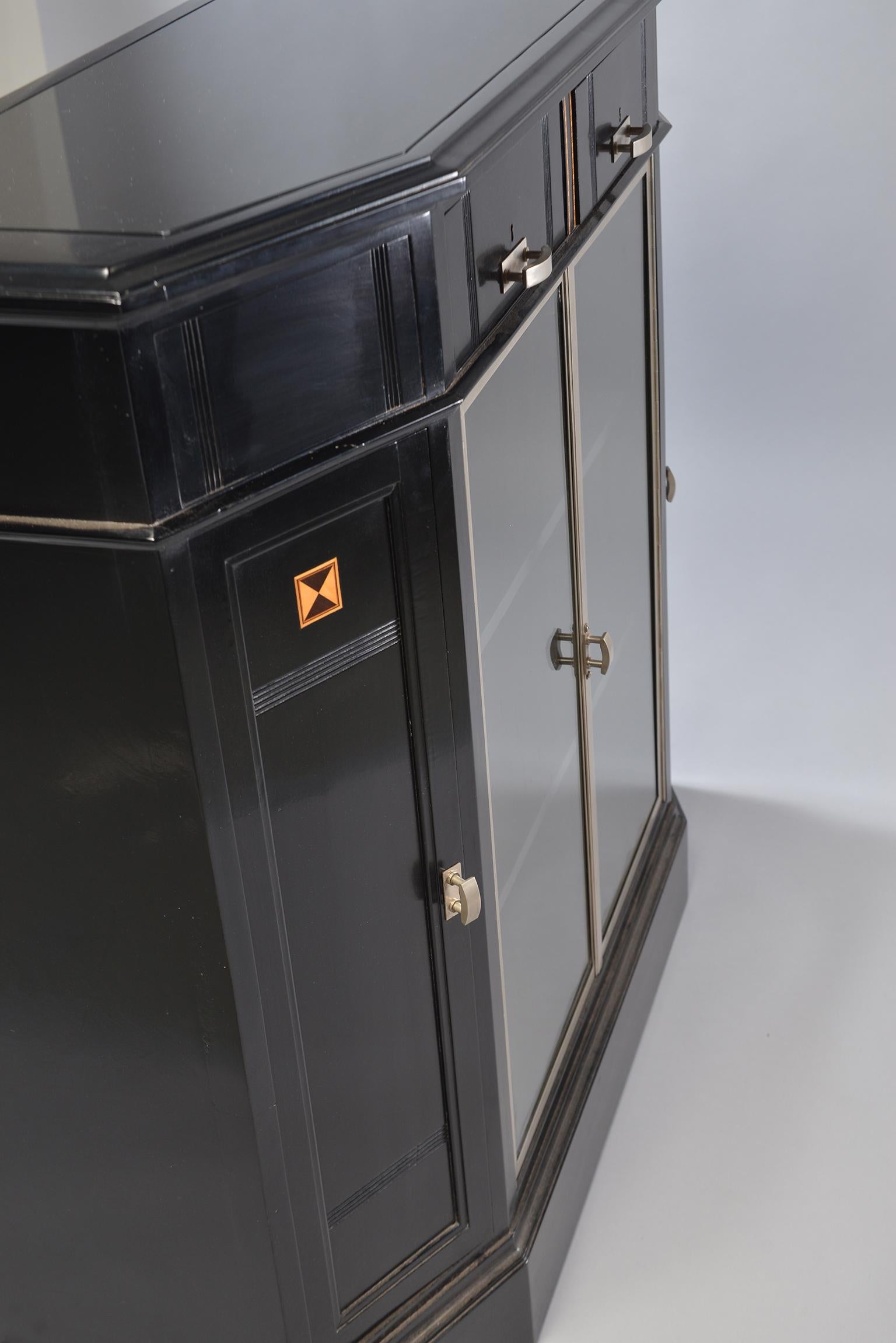 Ebonized Art Deco Cabinet with Aluminum Trim and Glass Fronted Doors 2