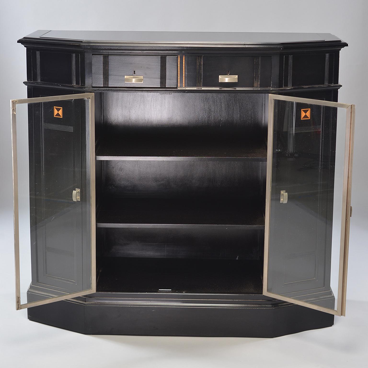 Belgian Ebonized Art Deco Cabinet with Aluminum Trim and Glass Fronted Doors