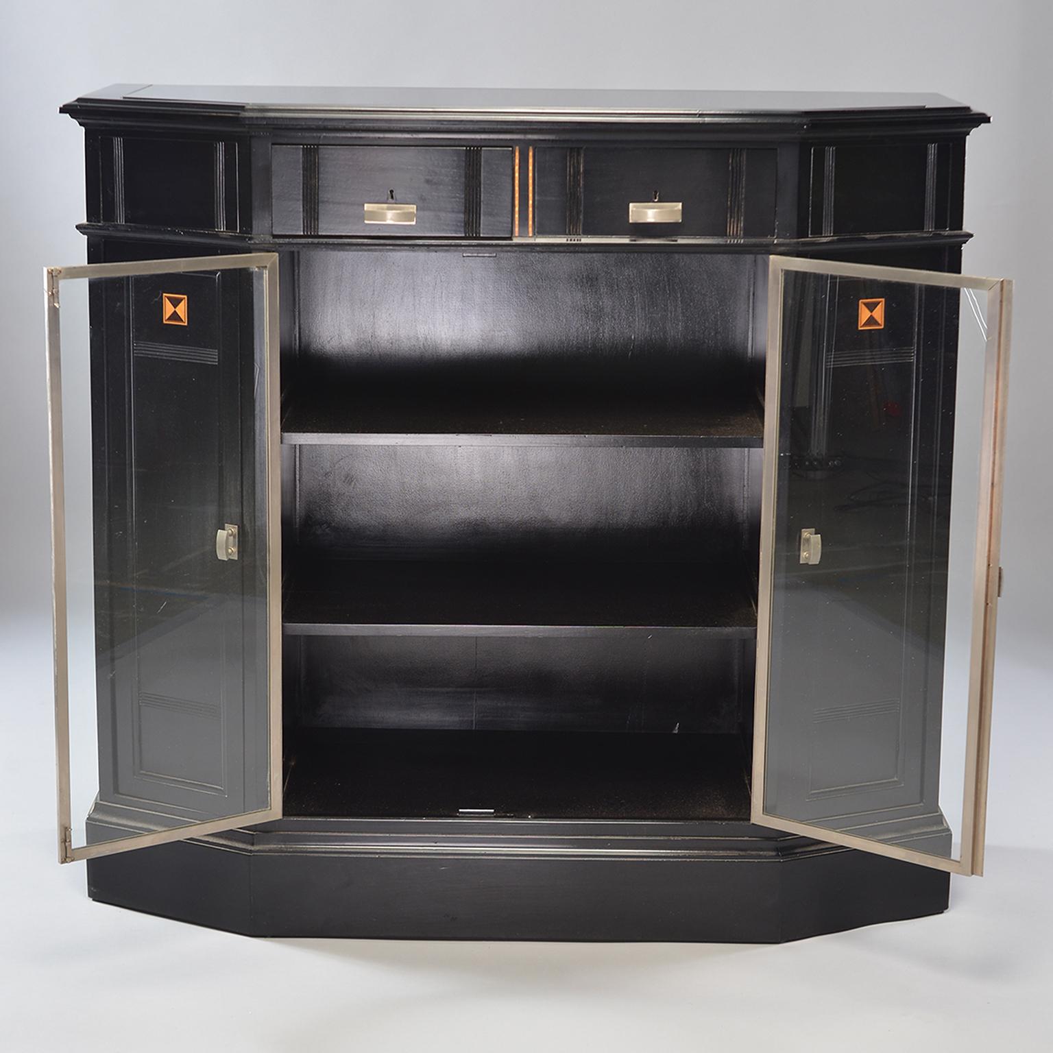 Ebonized Art Deco Cabinet with Aluminum Trim and Glass Fronted Doors In Good Condition In Troy, MI