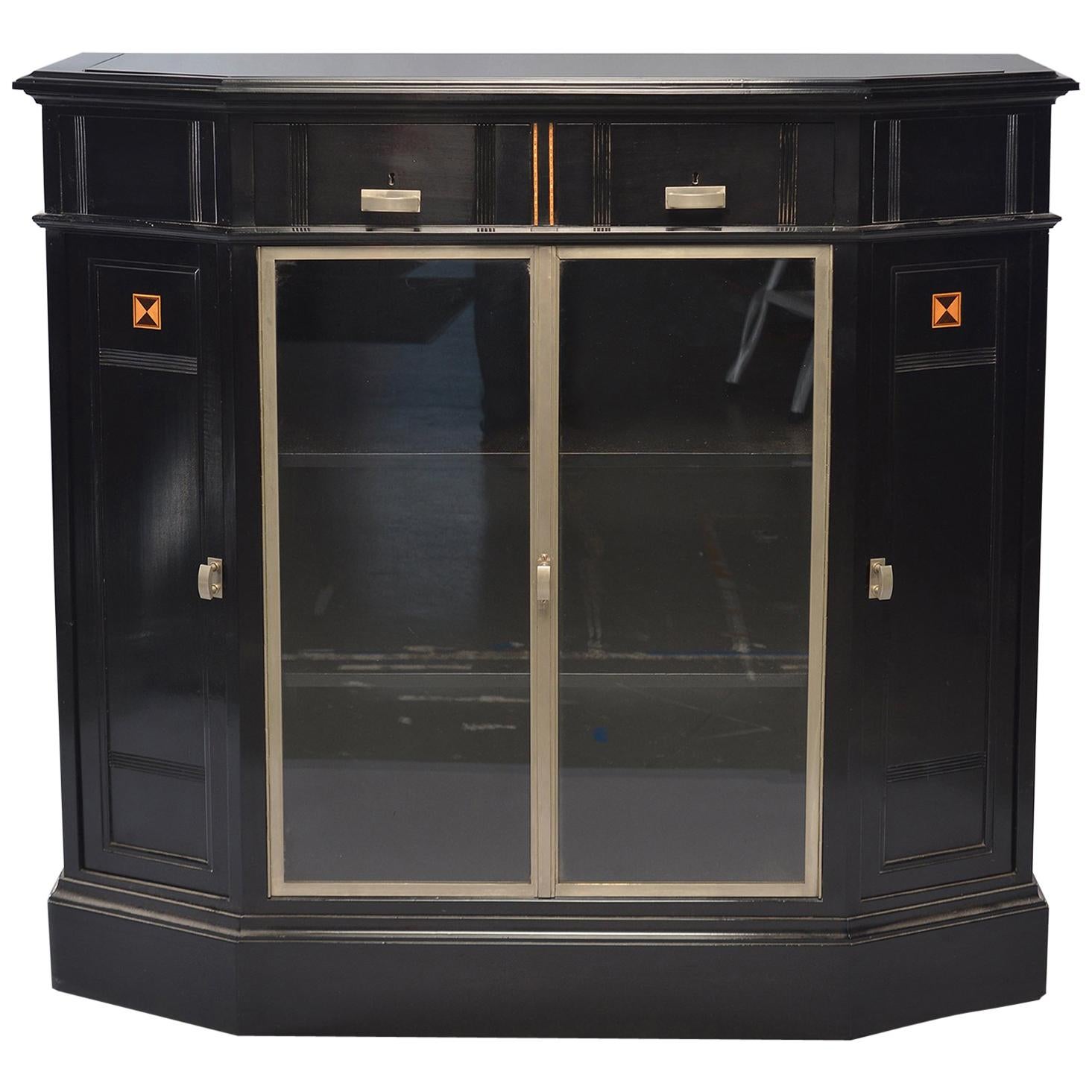 Ebonized Art Deco Cabinet with Aluminum Trim and Glass Fronted Doors
