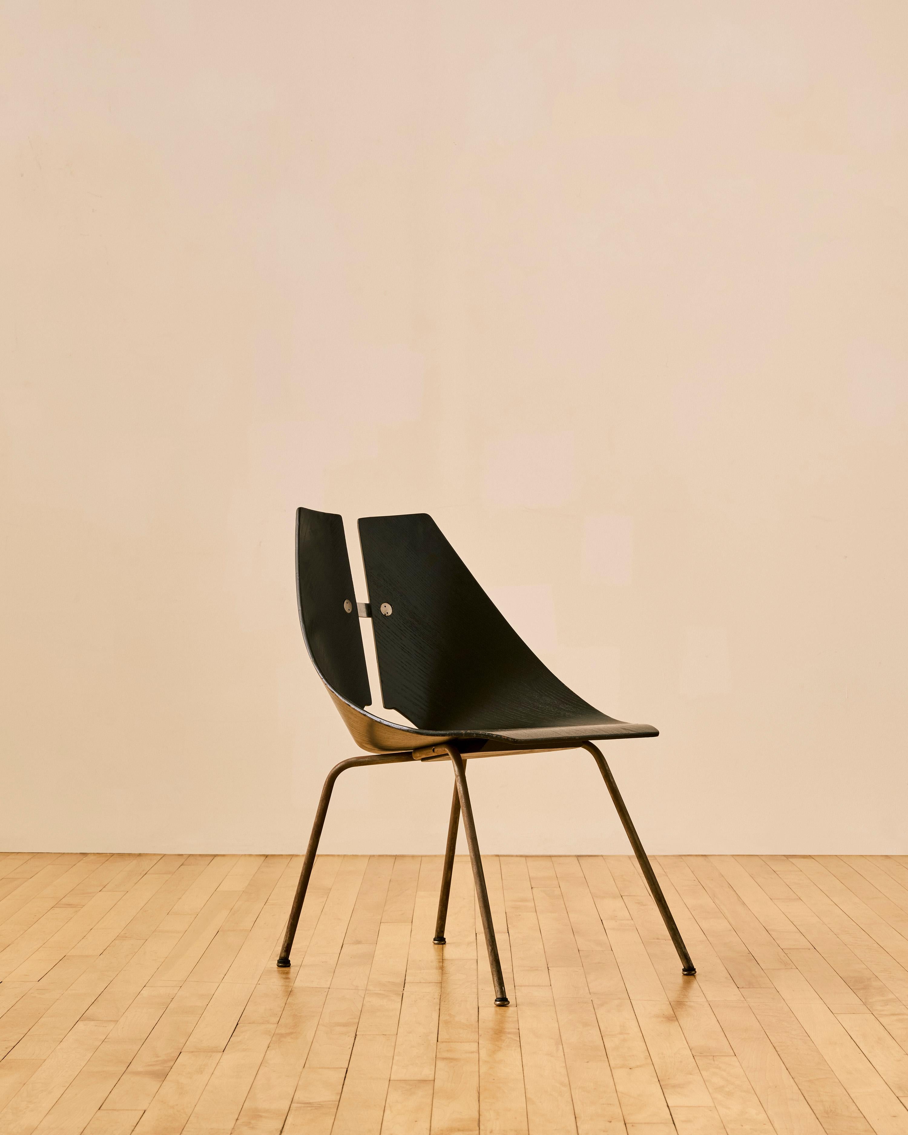Ebonized ash wood chair by Ray Komai for JG Furniture Company c. 1949 featuring steel details. 