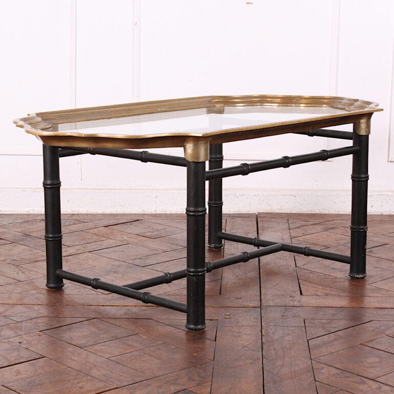 French Ebonized Bamboo Brass & Glass Tray Coffee Table