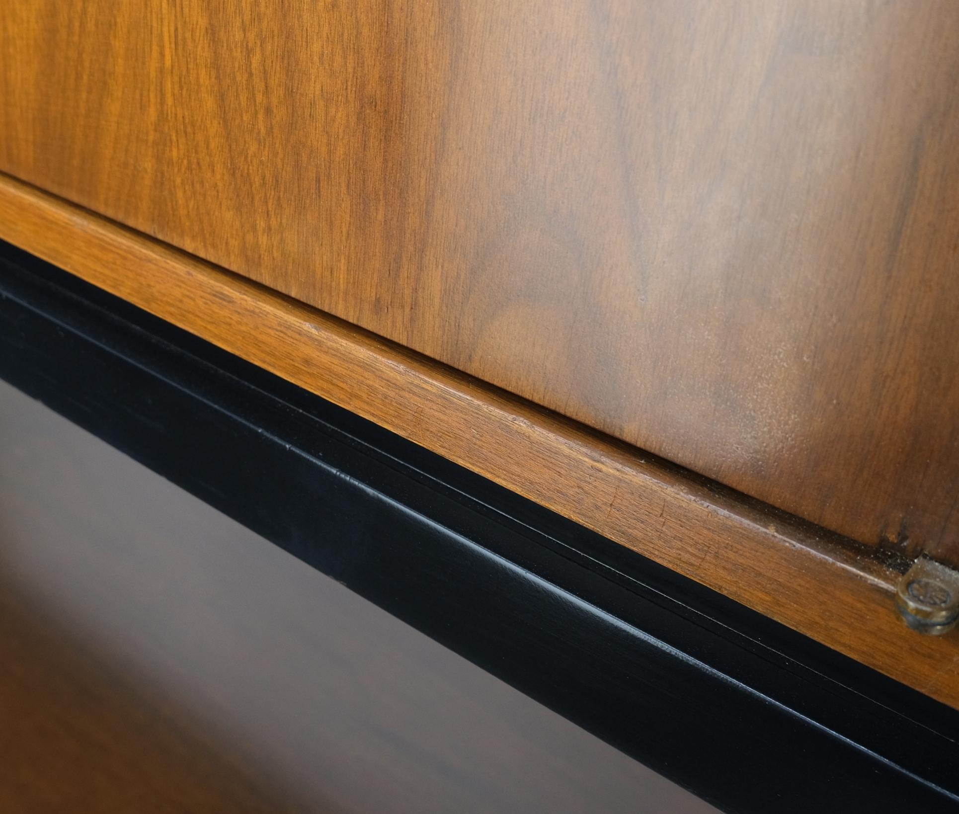 Ebonized Base Walnut Three Doors Mid-Century Modern Credenza Console Cabinet For Sale 2