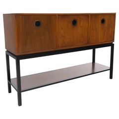 Vintage Ebonized Base Walnut Three Doors Mid-Century Modern Credenza Console Cabinet