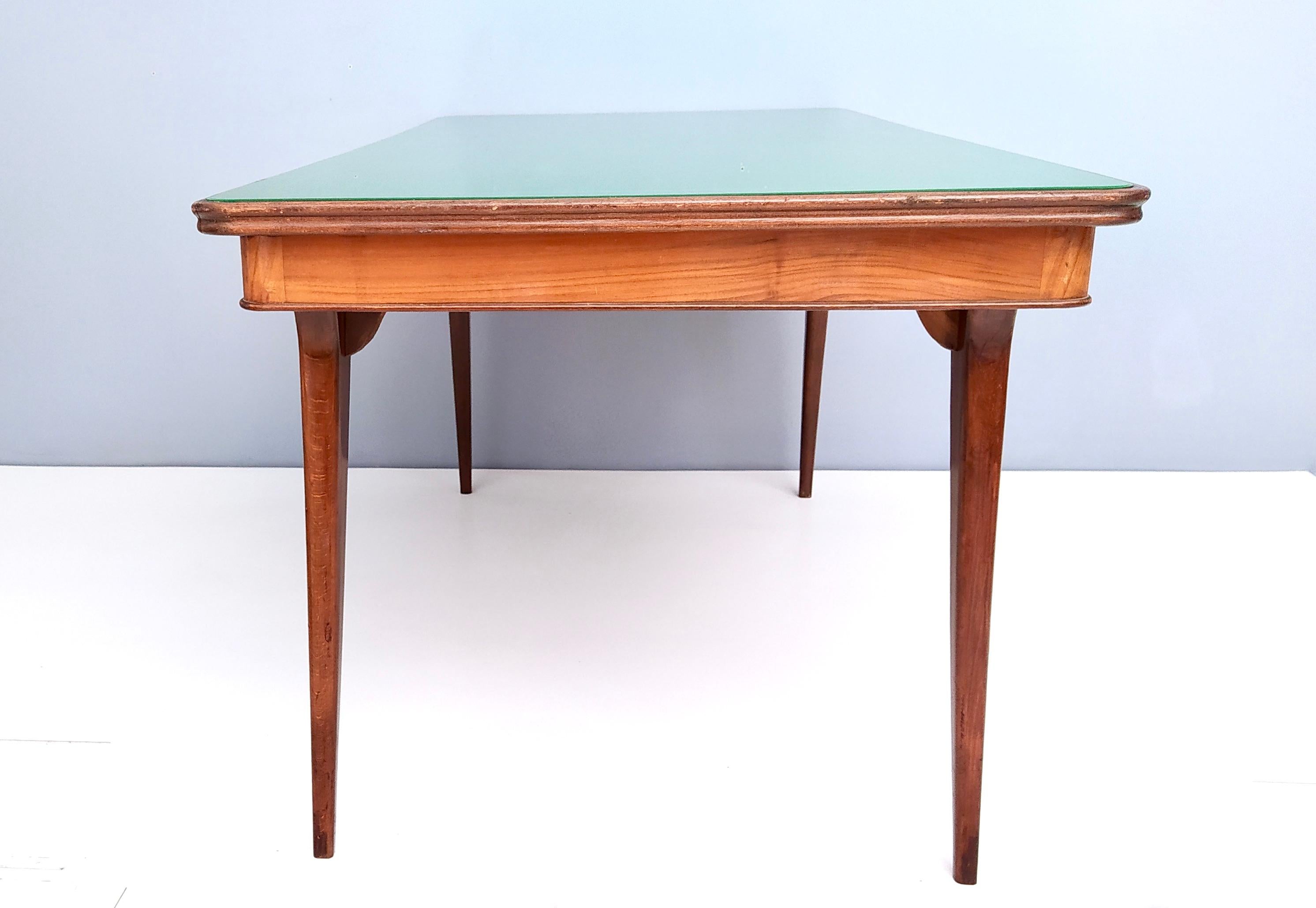 Vintage Ebonized Beech and Walnut Dining Table with a Green Glass Top, Italy 4