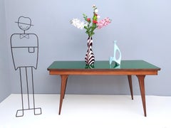 Vintage Ebonized Beech and Walnut Dining Table with a Green Glass Top, Italy