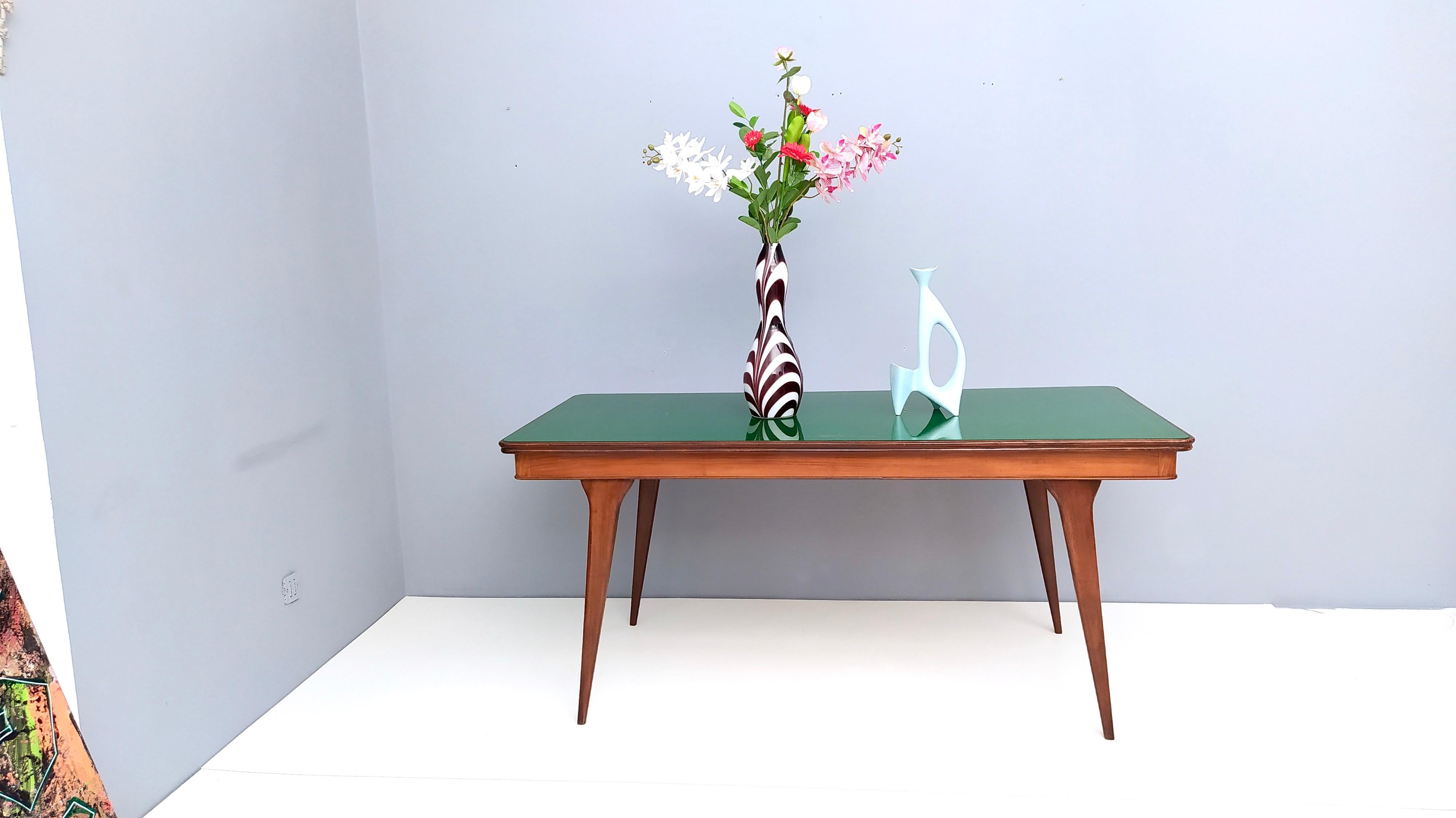 Mid-Century Modern Vintage Ebonized Beech and Walnut Dining Table with a Green Glass Top, Italy