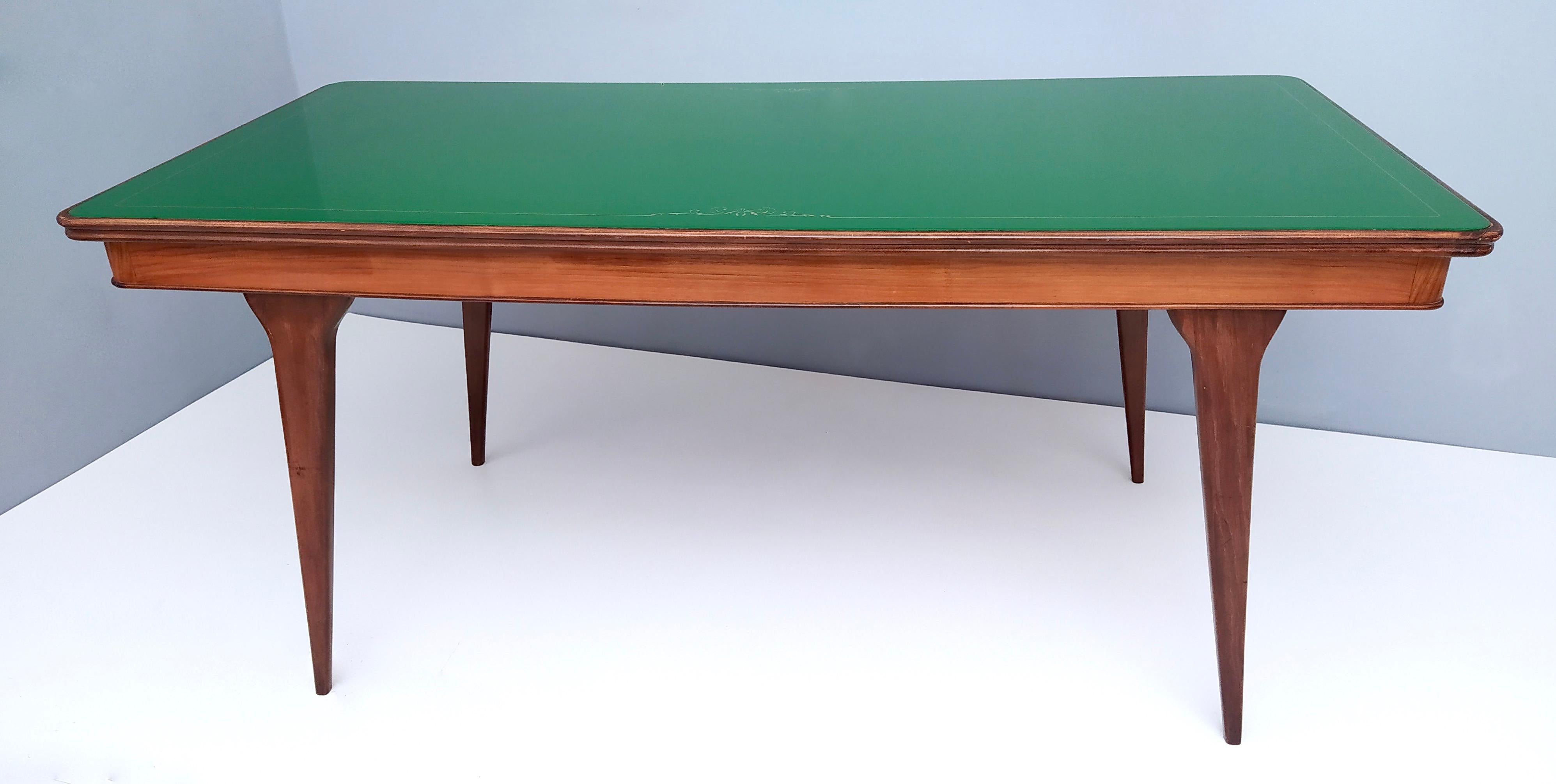 Mid-20th Century Vintage Ebonized Beech and Walnut Dining Table with a Green Glass Top, Italy