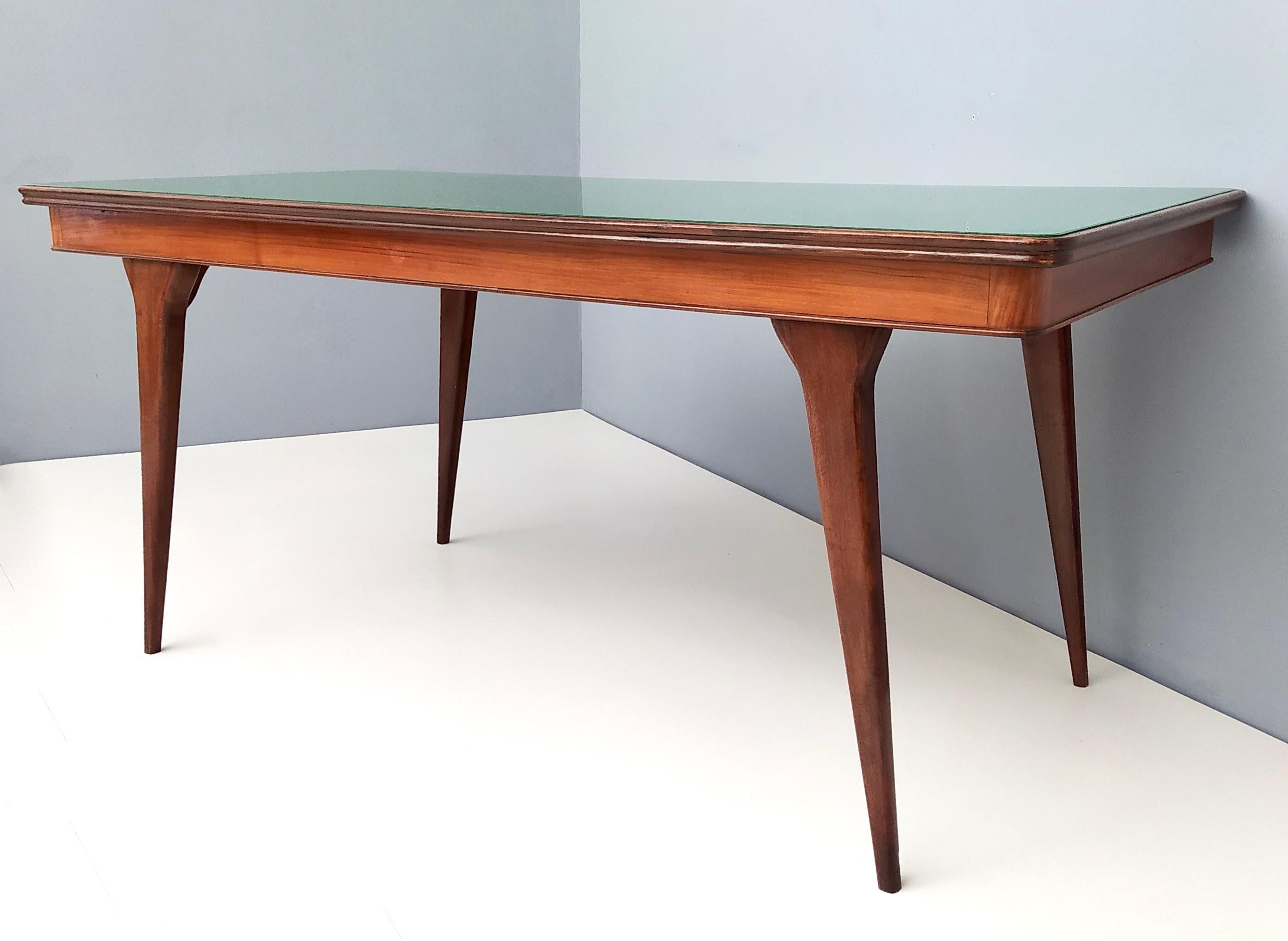 Vintage Ebonized Beech and Walnut Dining Table with a Green Glass Top, Italy 2