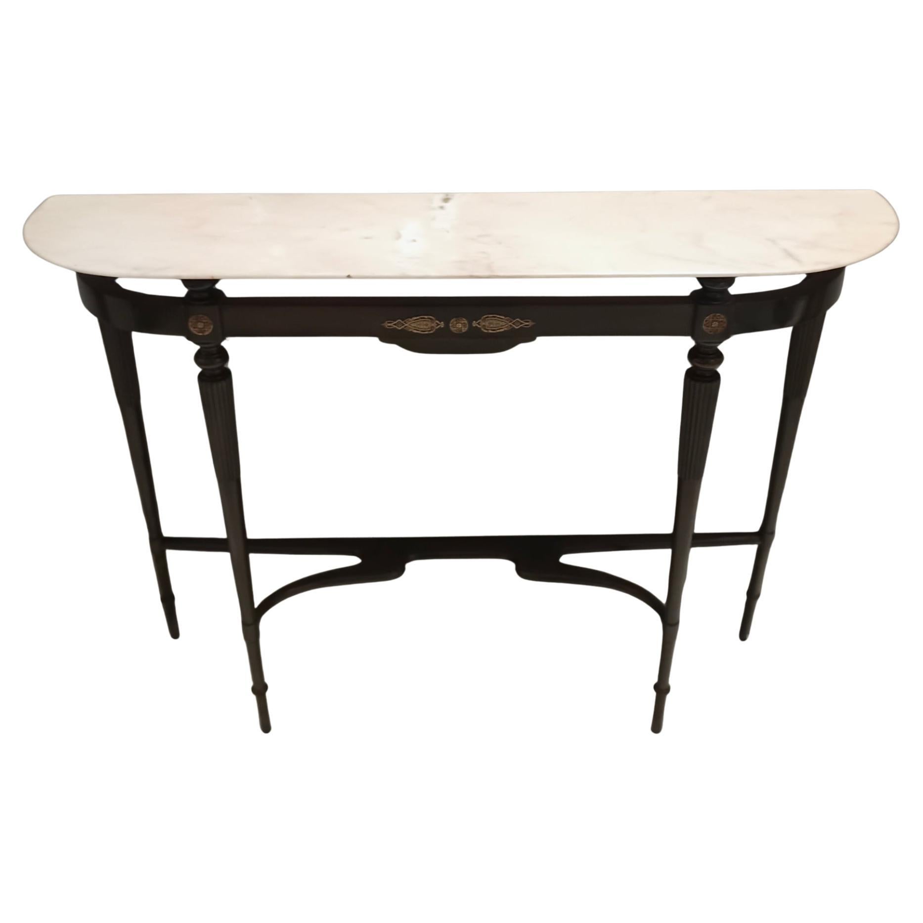 Ebonized Beech Console Table with a Demilune Portuguese Pink Marble Top, Italy For Sale