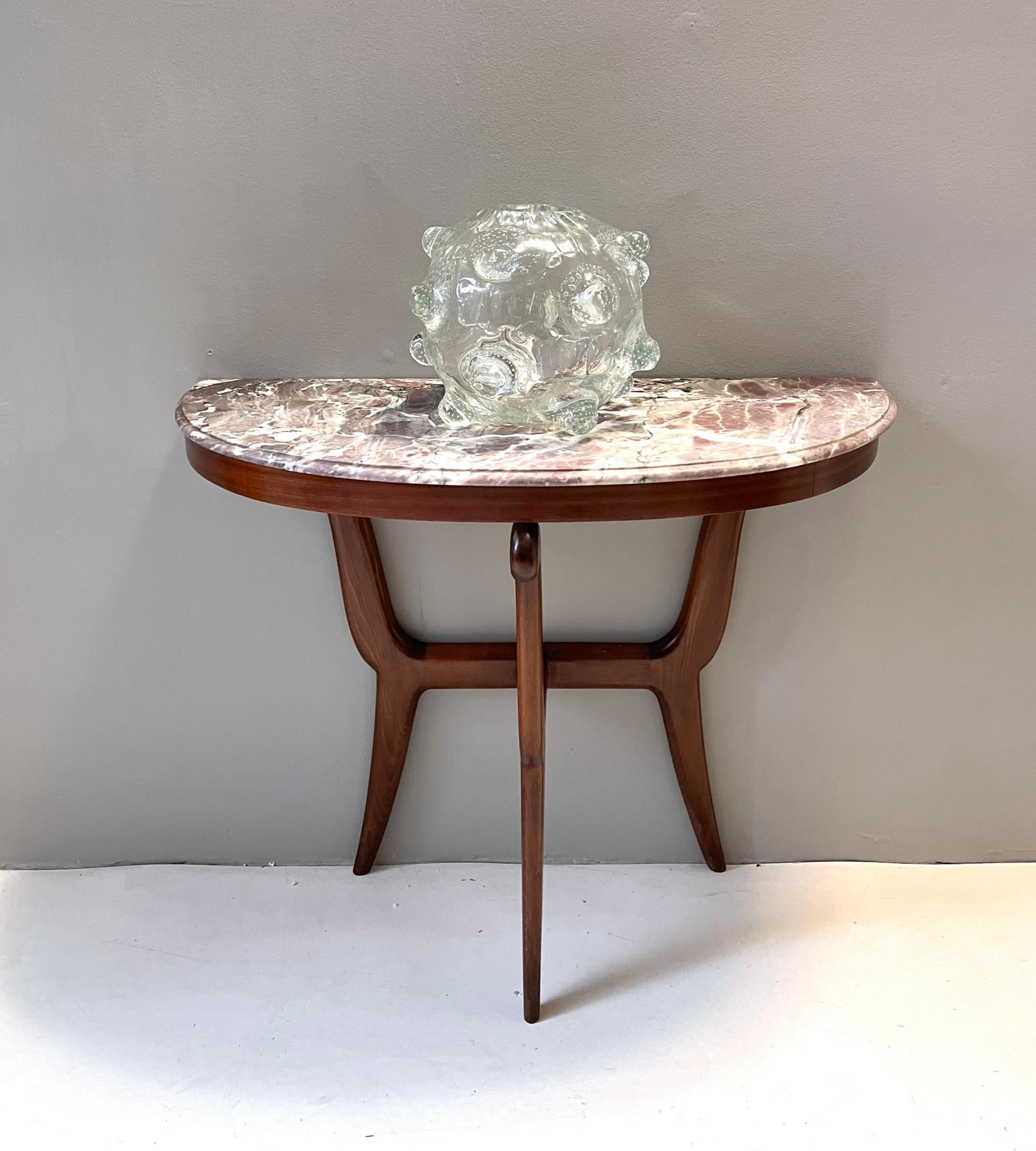 Mid-Century Modern Ebonized Beech Console with a Demilune Fleur de Pecher Marble Top, Italy