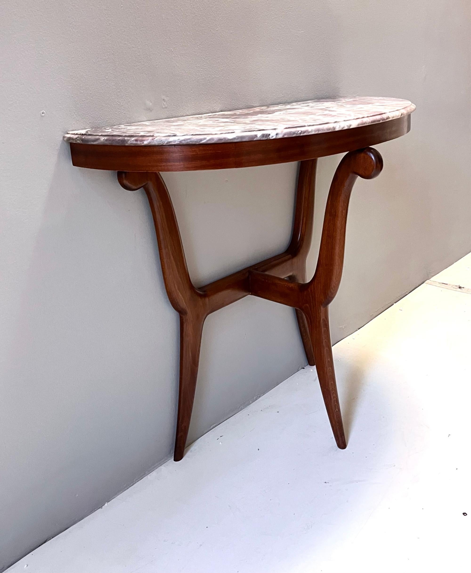 Mid-20th Century Ebonized Beech Console with a Demilune Fleur de Pecher Marble Top, Italy