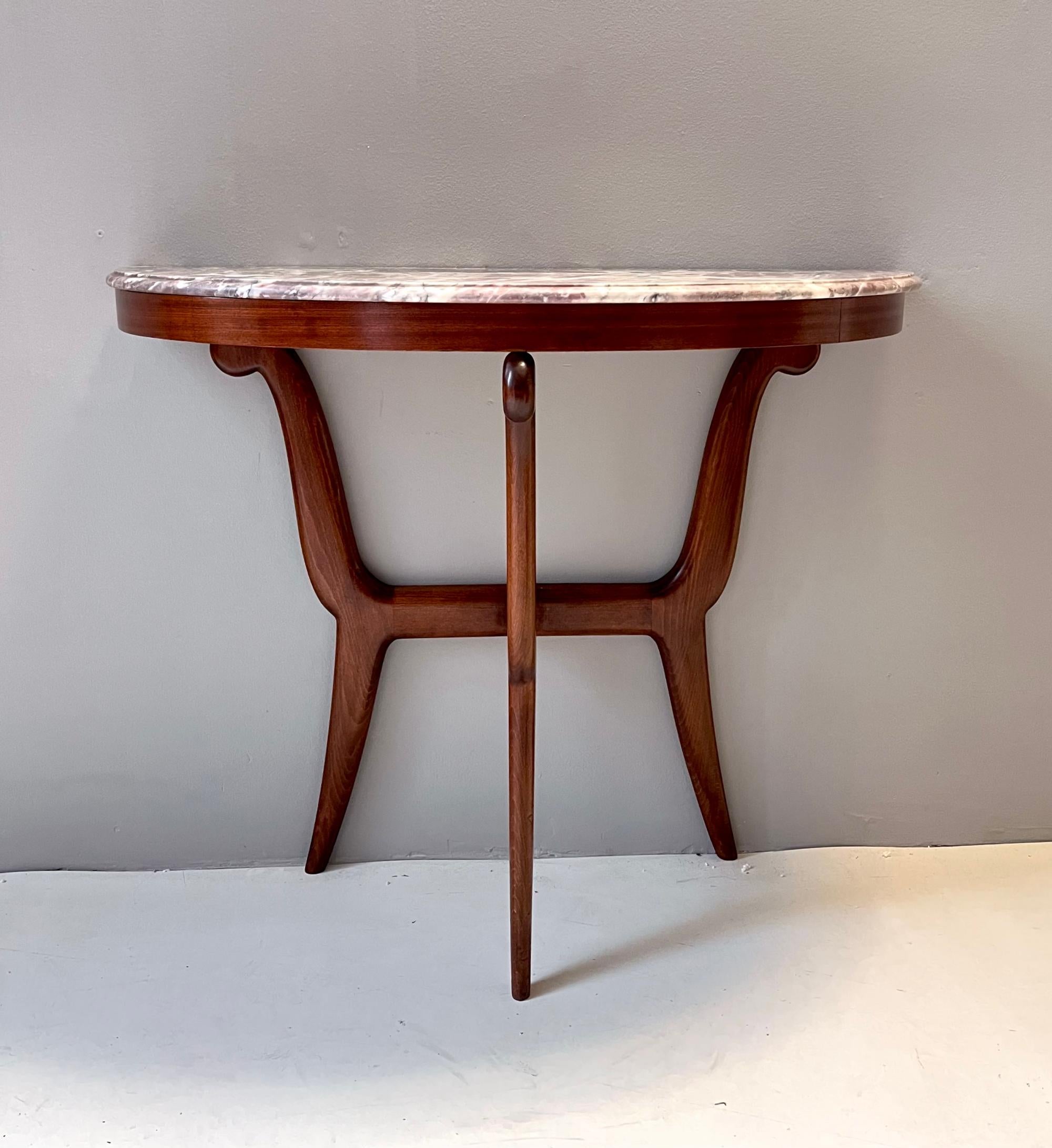 Ebonized Beech Console with a Demilune Fleur de Pecher Marble Top, Italy 1