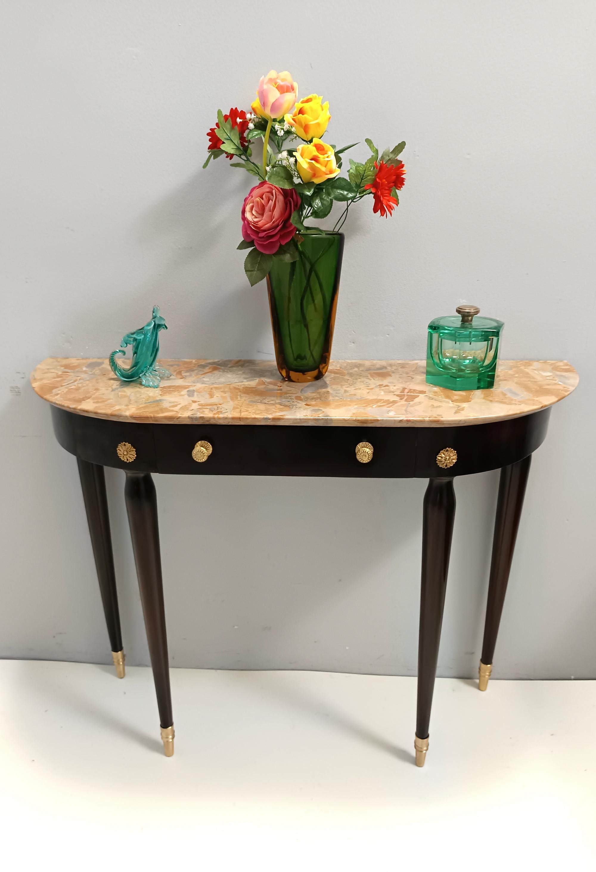 Mid-Century Modern Ebonized Beech Console with a Demilune Macchiavecchia Marble Top attr. to Buffa