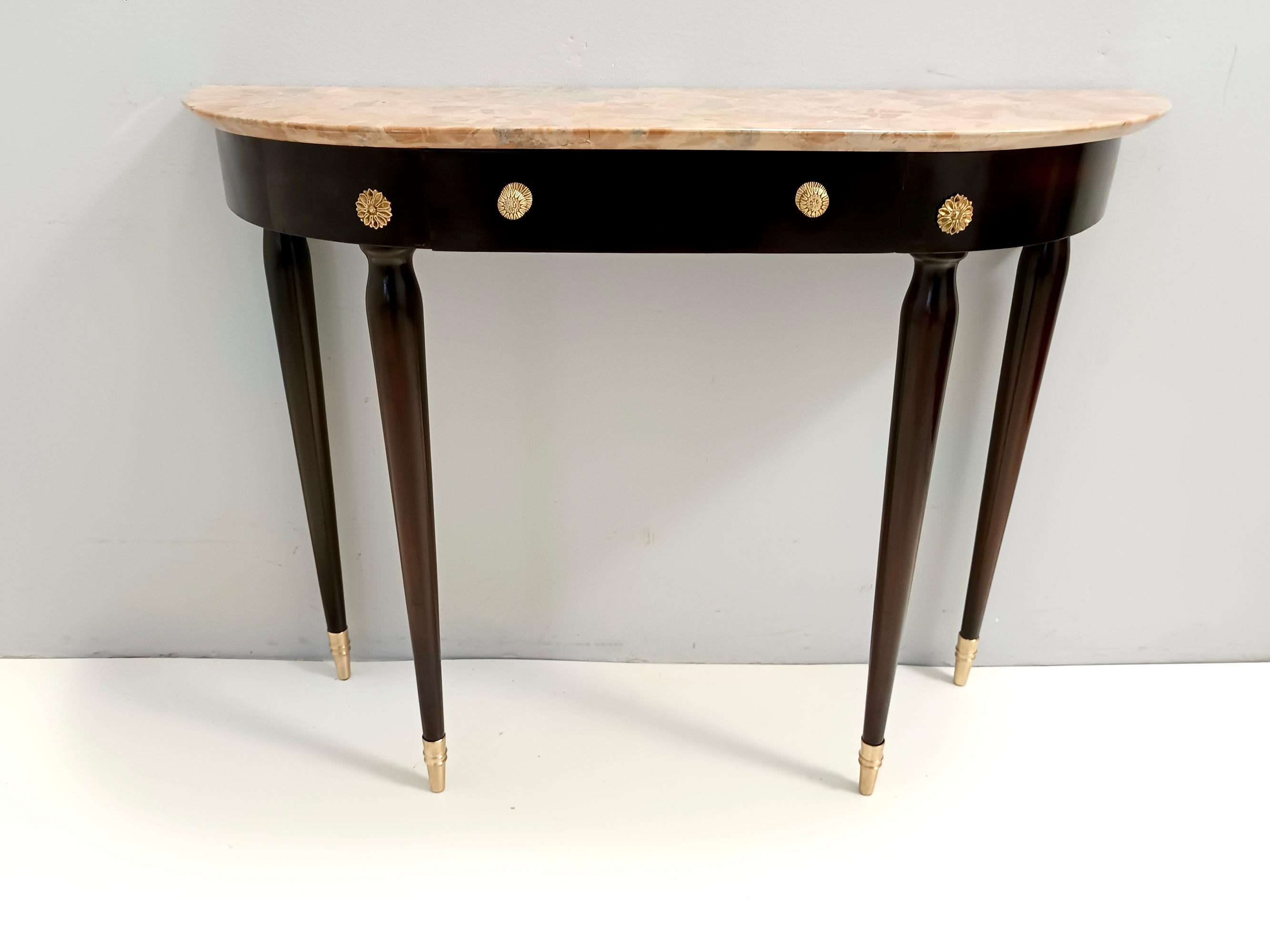 Brass Ebonized Beech Console with a Demilune Macchiavecchia Marble Top attr. to Buffa