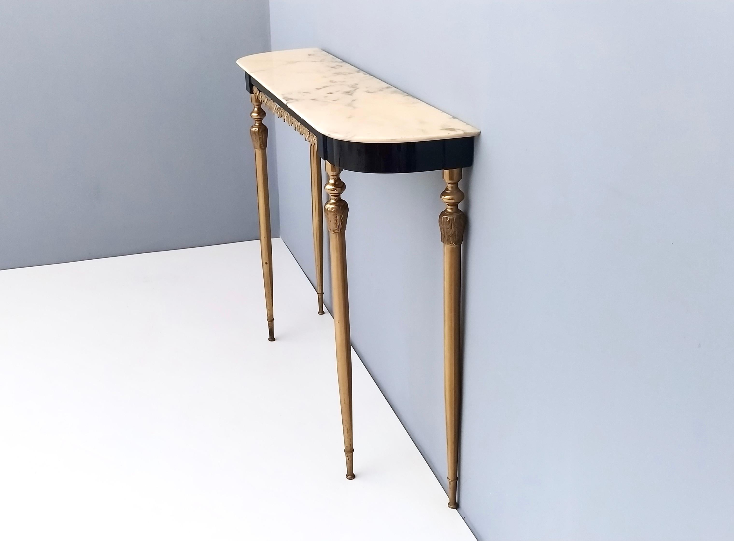 Brass Ebonized Beech Console with a Demilune Portuguese Pink Marble Top, Italy 1960s