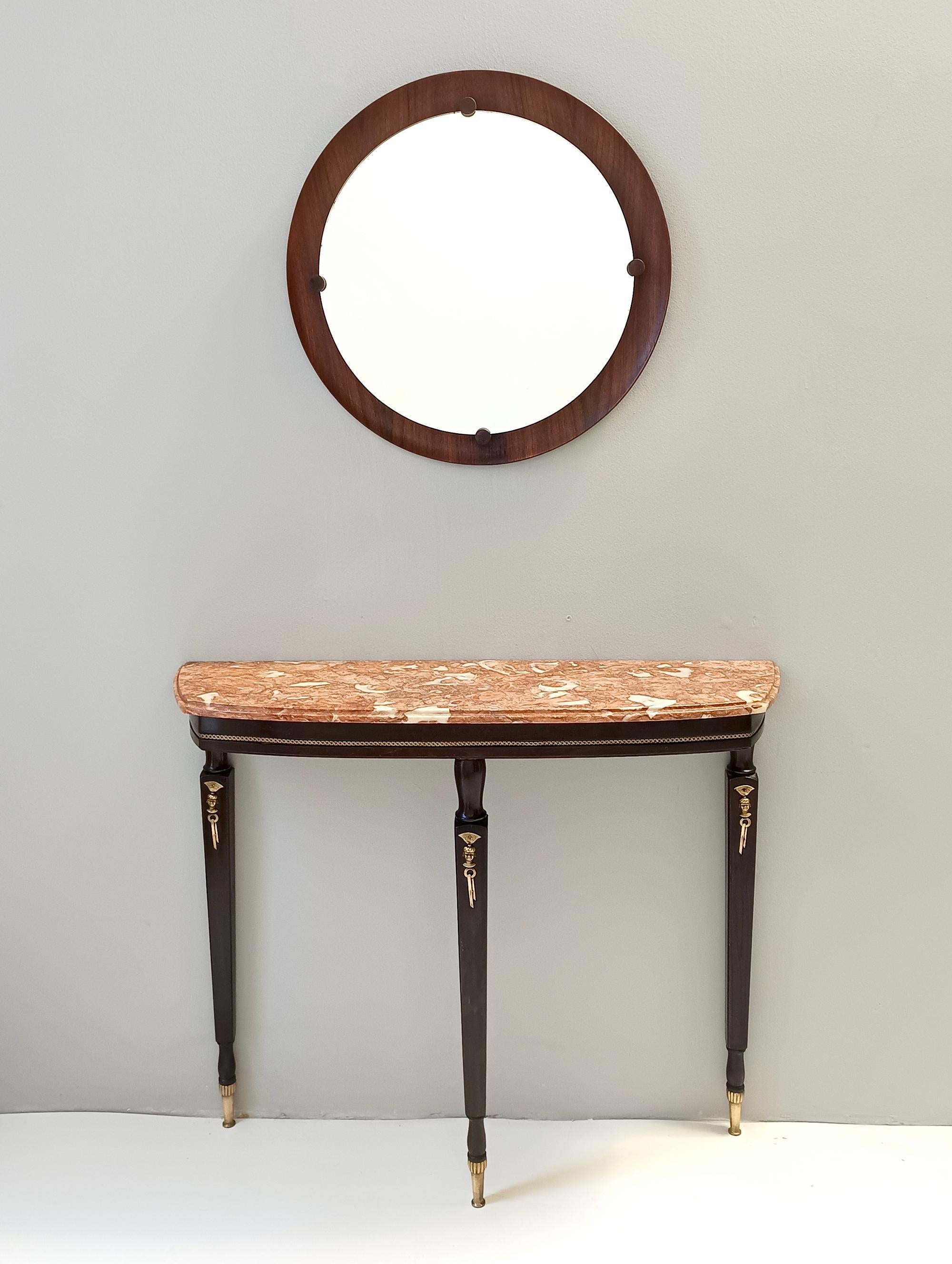 Mid-Century Modern Ebonized Beech Console with an Orange Breccia Pernice Marble Top, Italy