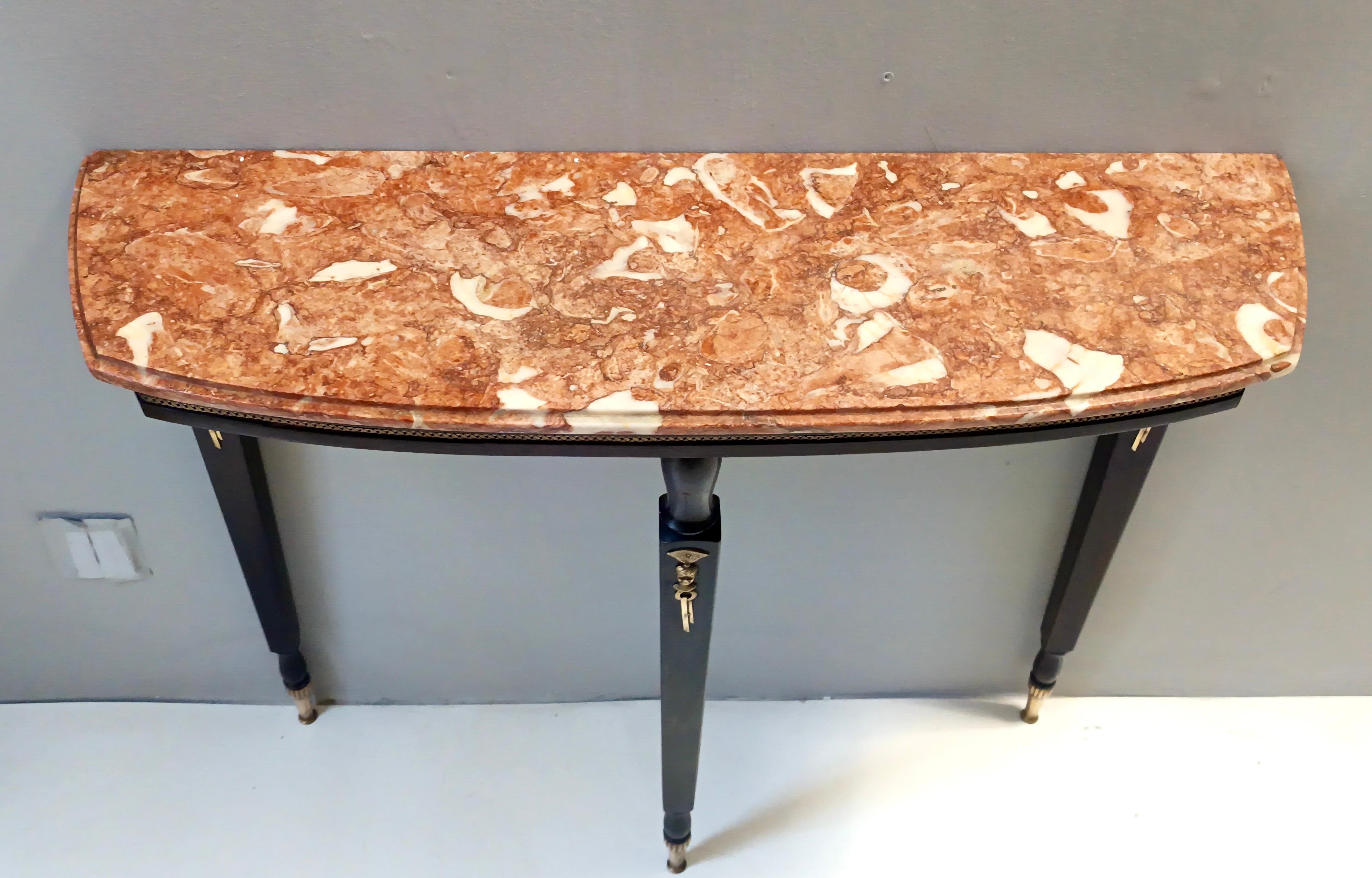 Brass Ebonized Beech Console with an Orange Breccia Pernice Marble Top, Italy