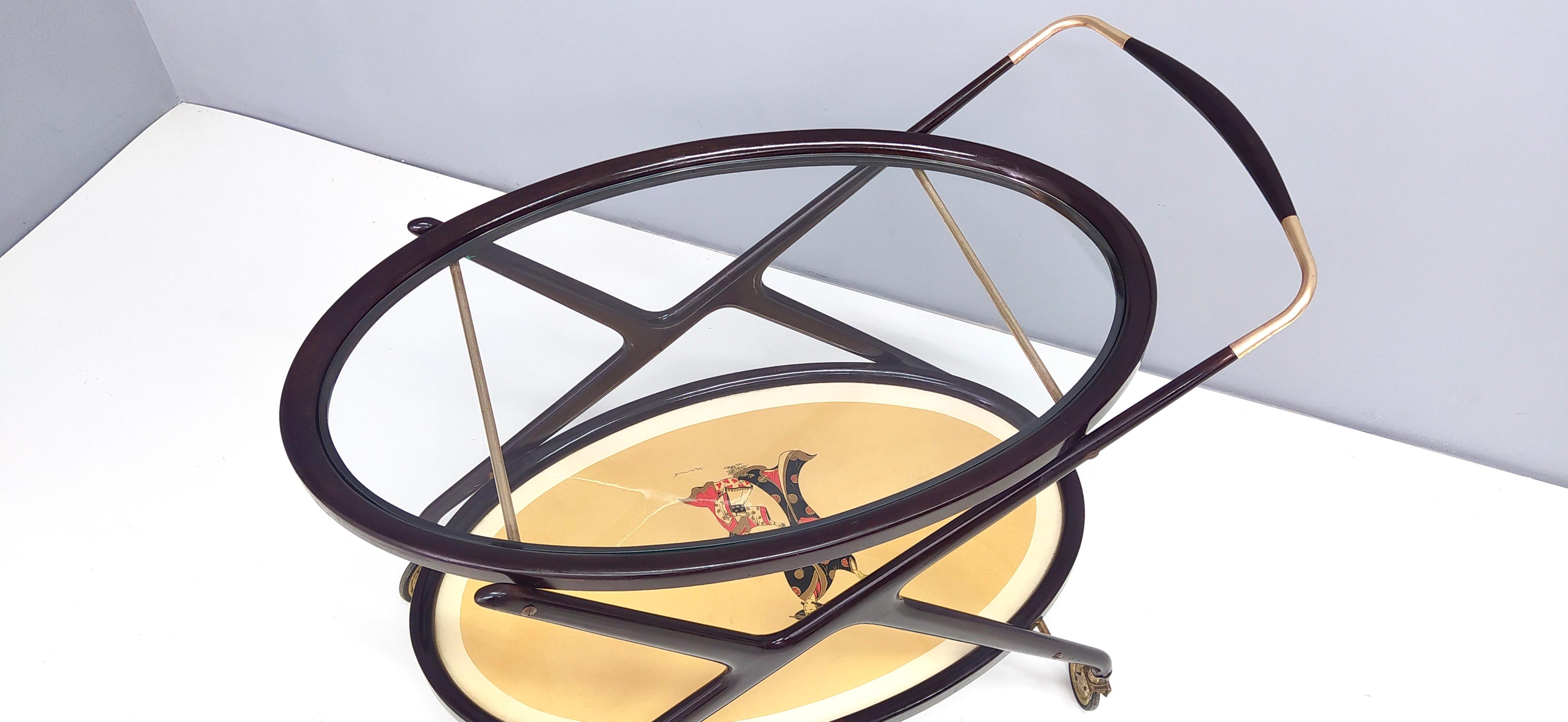 Vintage Ebonized Beech Serving Cart by Cesare Lacca with Oriental Print, Italy For Sale 3