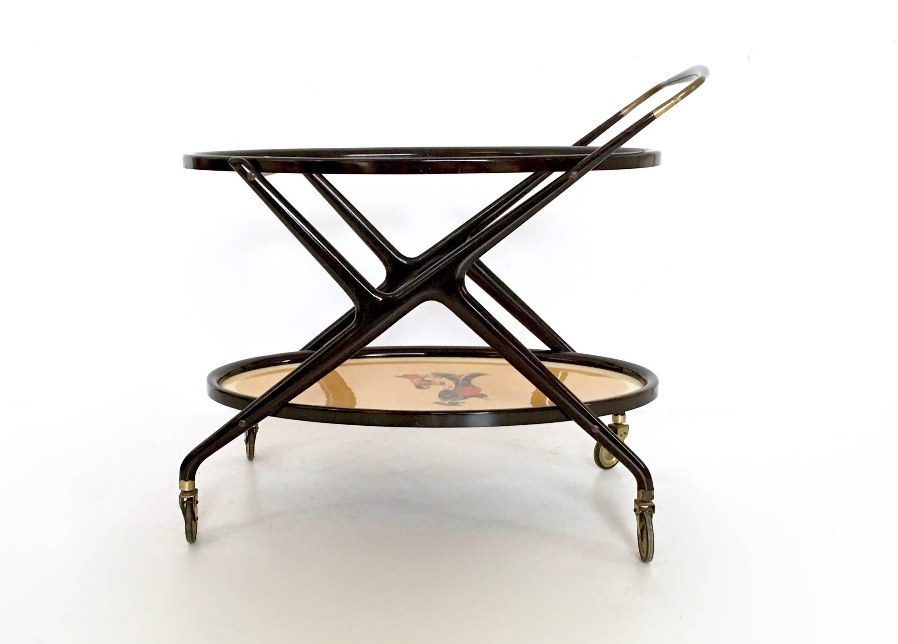 Mid-Century Modern Vintage Ebonized Beech Serving Cart by Cesare Lacca with Oriental Print, Italy For Sale