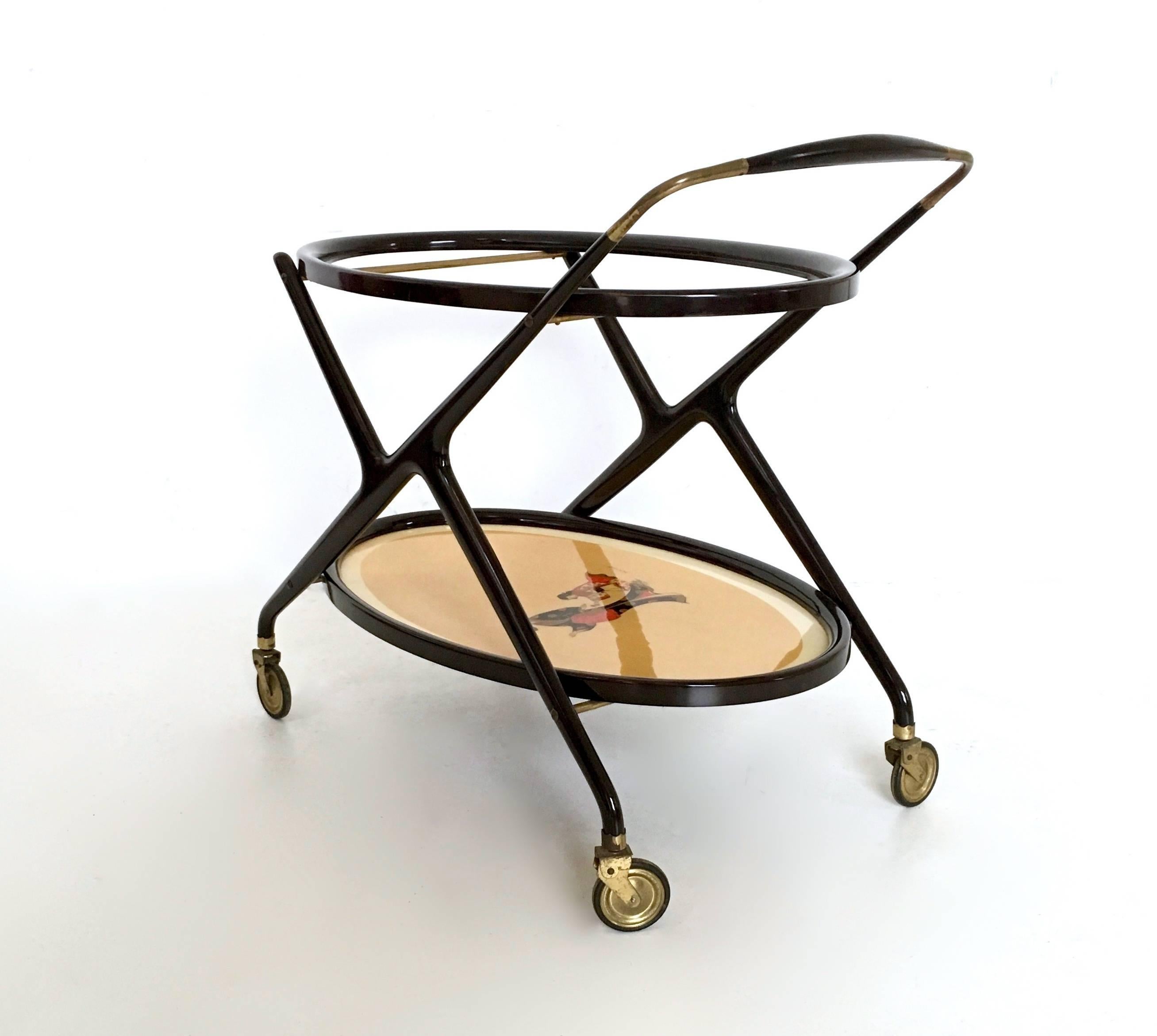 Italian Vintage Ebonized Beech Serving Cart by Cesare Lacca with Oriental Print, Italy For Sale