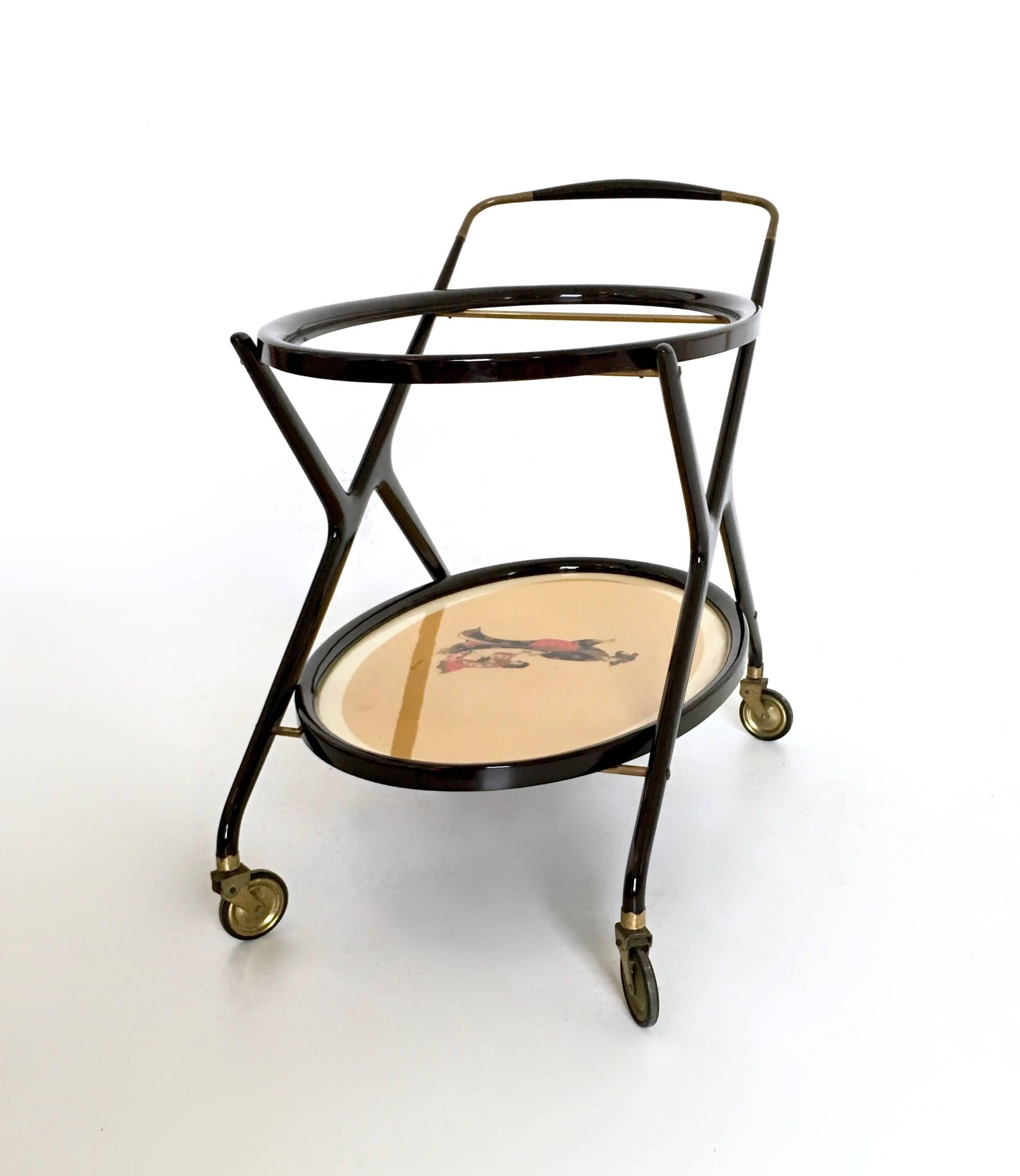 Vintage Ebonized Beech Serving Cart by Cesare Lacca with Oriental Print, Italy In Excellent Condition For Sale In Bresso, Lombardy