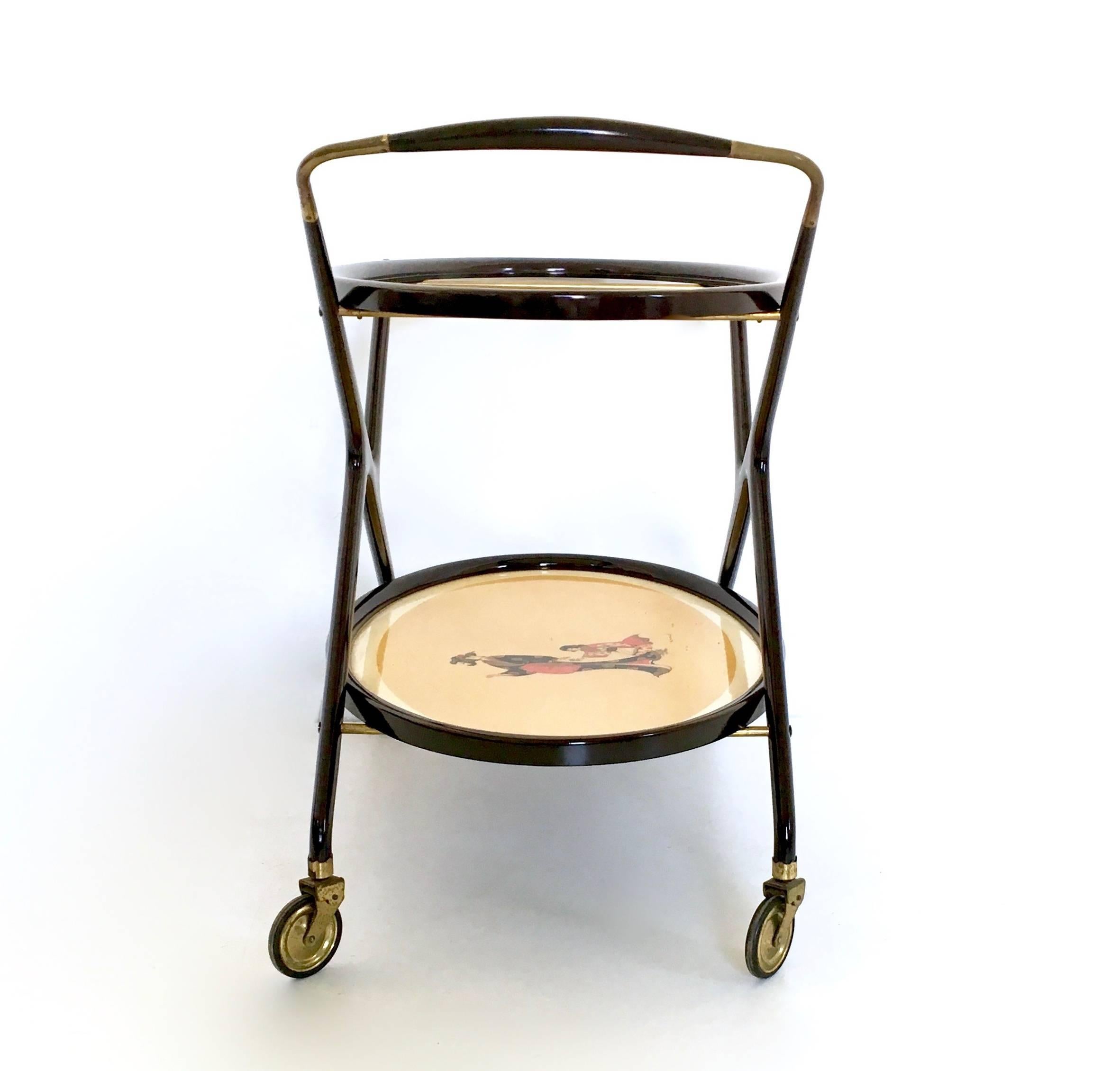 Mid-20th Century Vintage Ebonized Beech Serving Cart by Cesare Lacca with Oriental Print, Italy For Sale