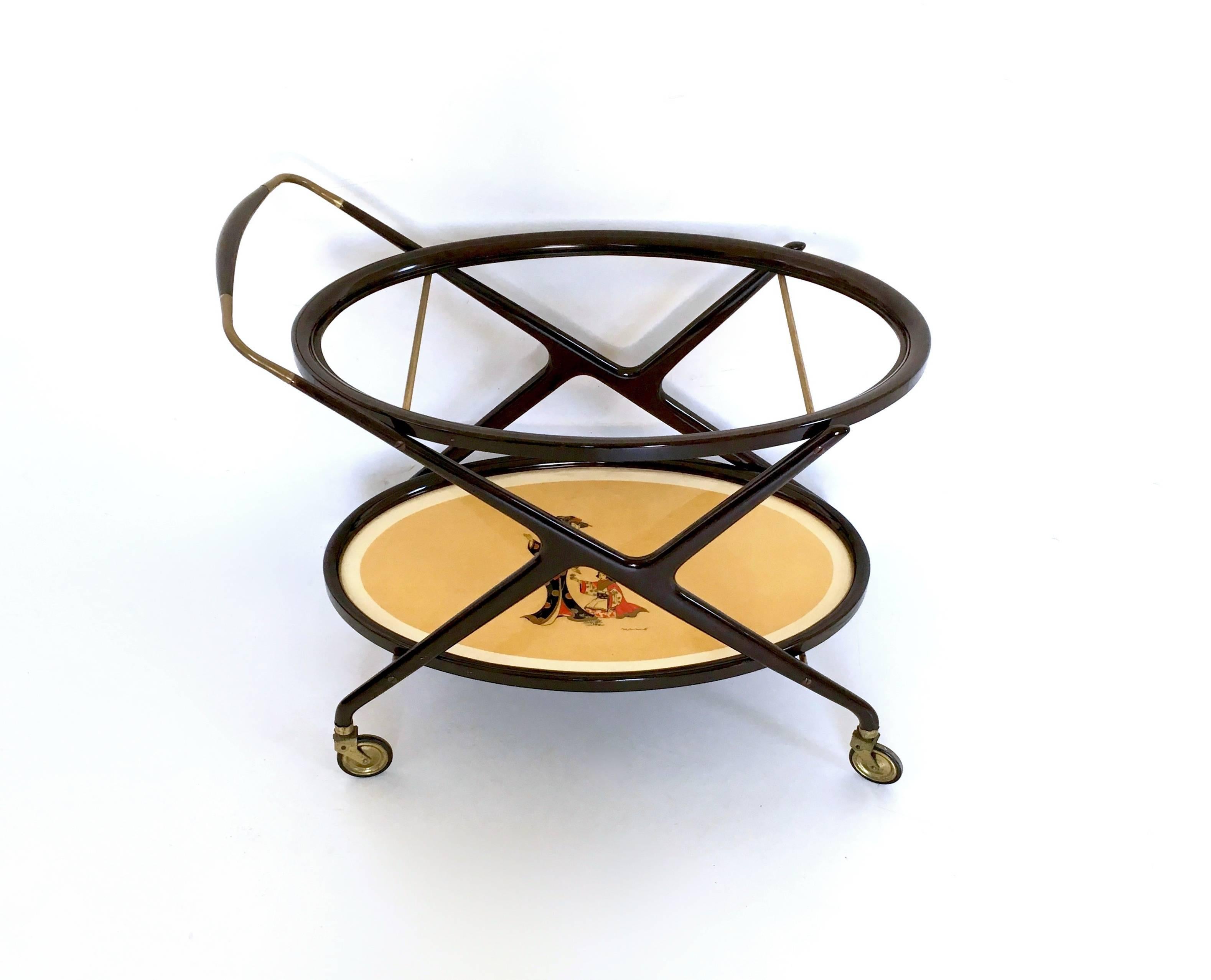 Brass Vintage Ebonized Beech Serving Cart by Cesare Lacca with Oriental Print, Italy For Sale
