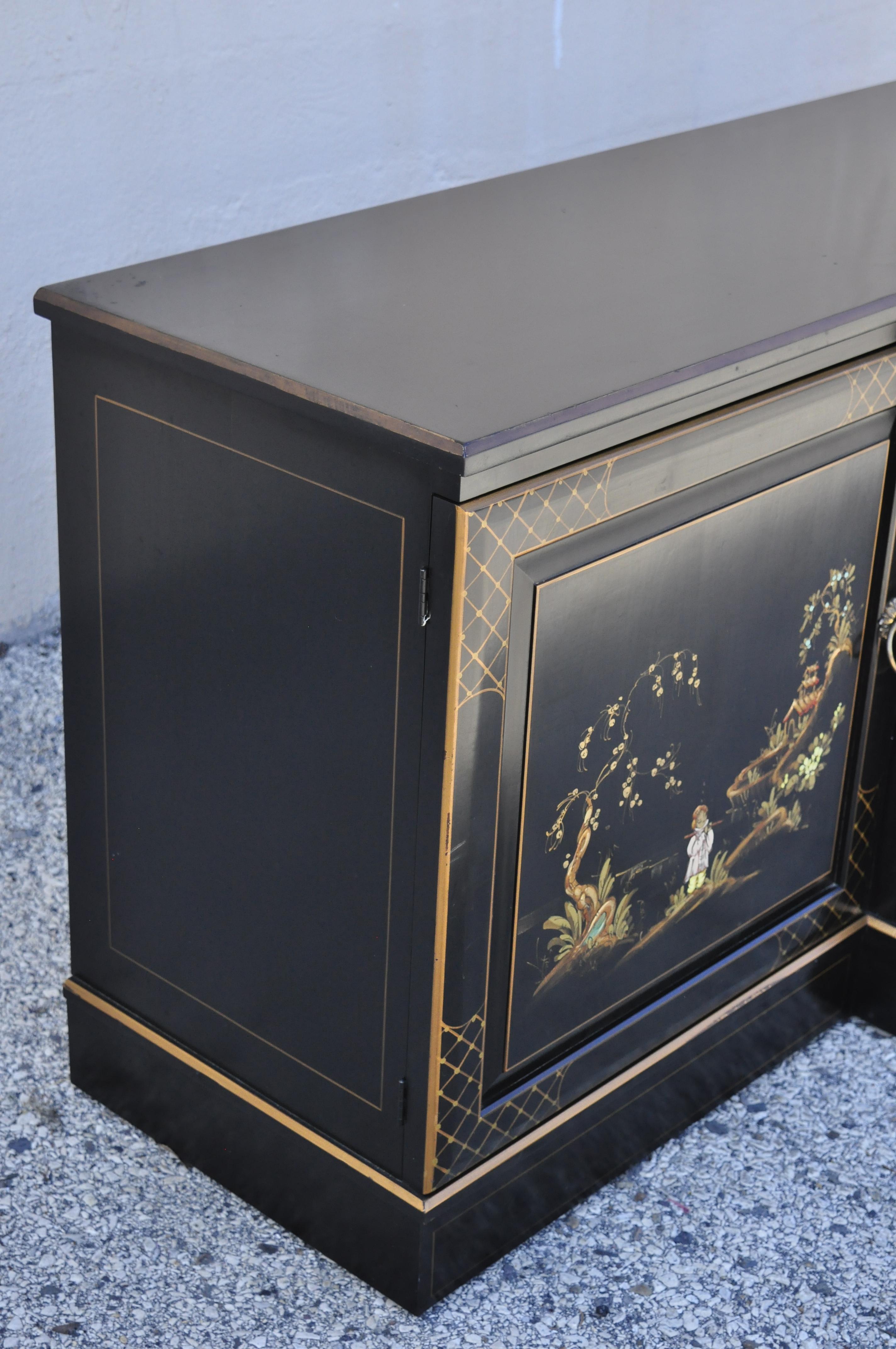 Ebonized Black Lacquer Hand Painted Oriental Long Sideboard Buffet Cabinet 2