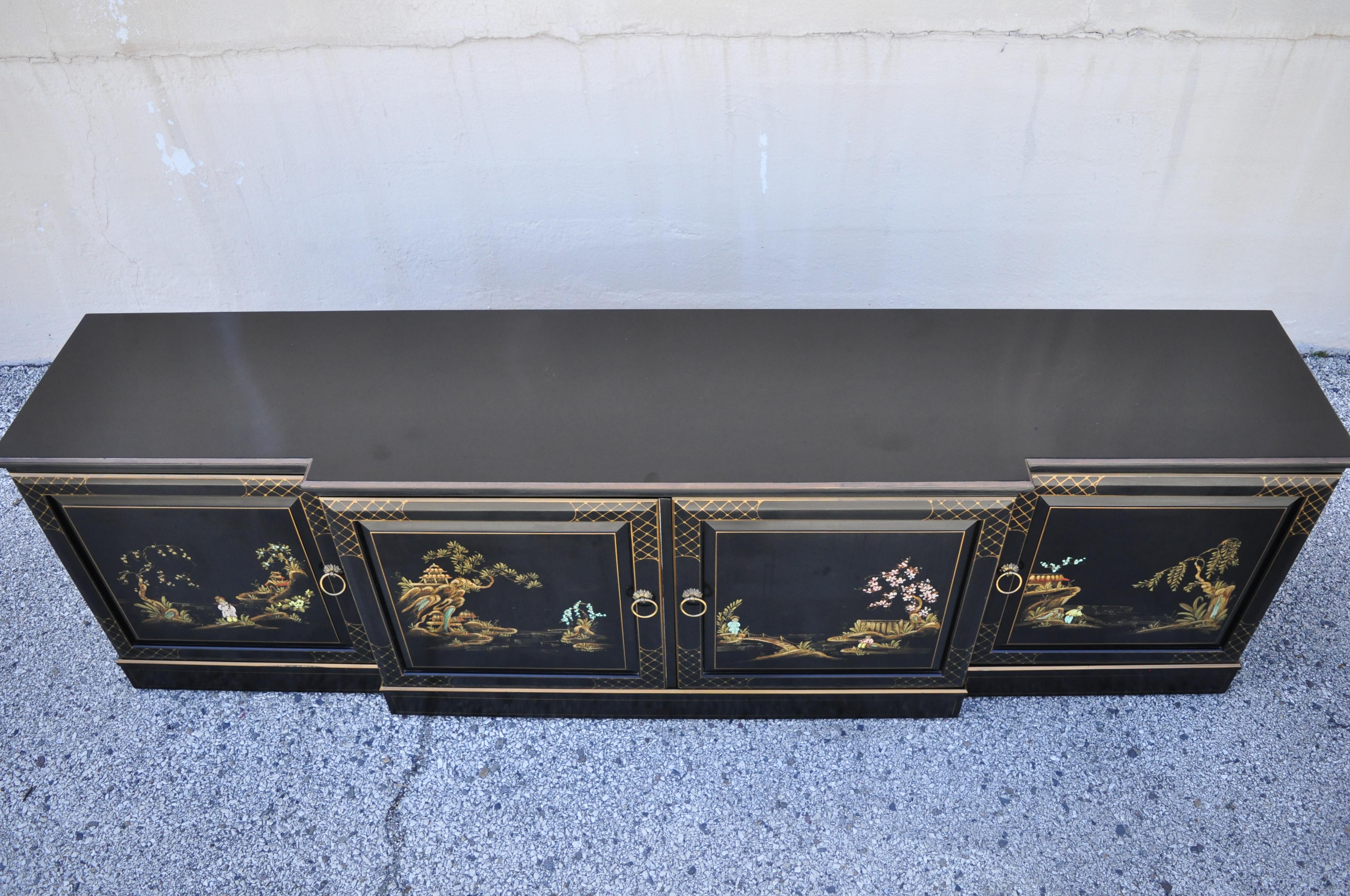 North American Ebonized Black Lacquer Hand Painted Oriental Long Sideboard Buffet Cabinet