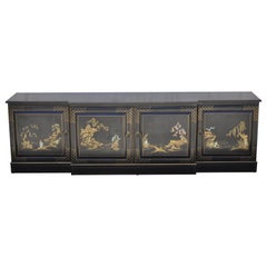 Vintage Ebonized Black Lacquer Hand Painted Oriental Long Sideboard Buffet Cabinet