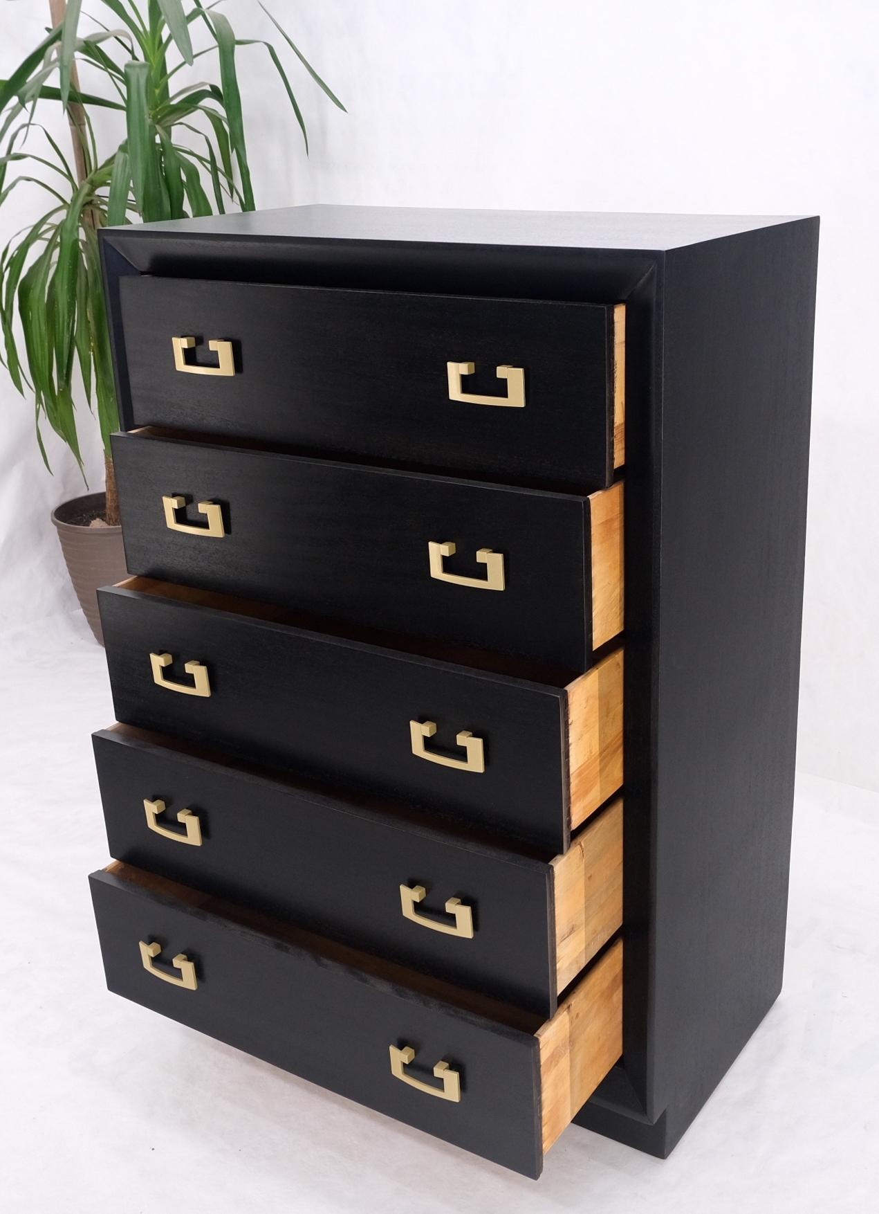 Walnut Ebonized Black Lacquer Mahogany Tall 5 Drawers Dresser Gold Bracket Pulls MNT For Sale