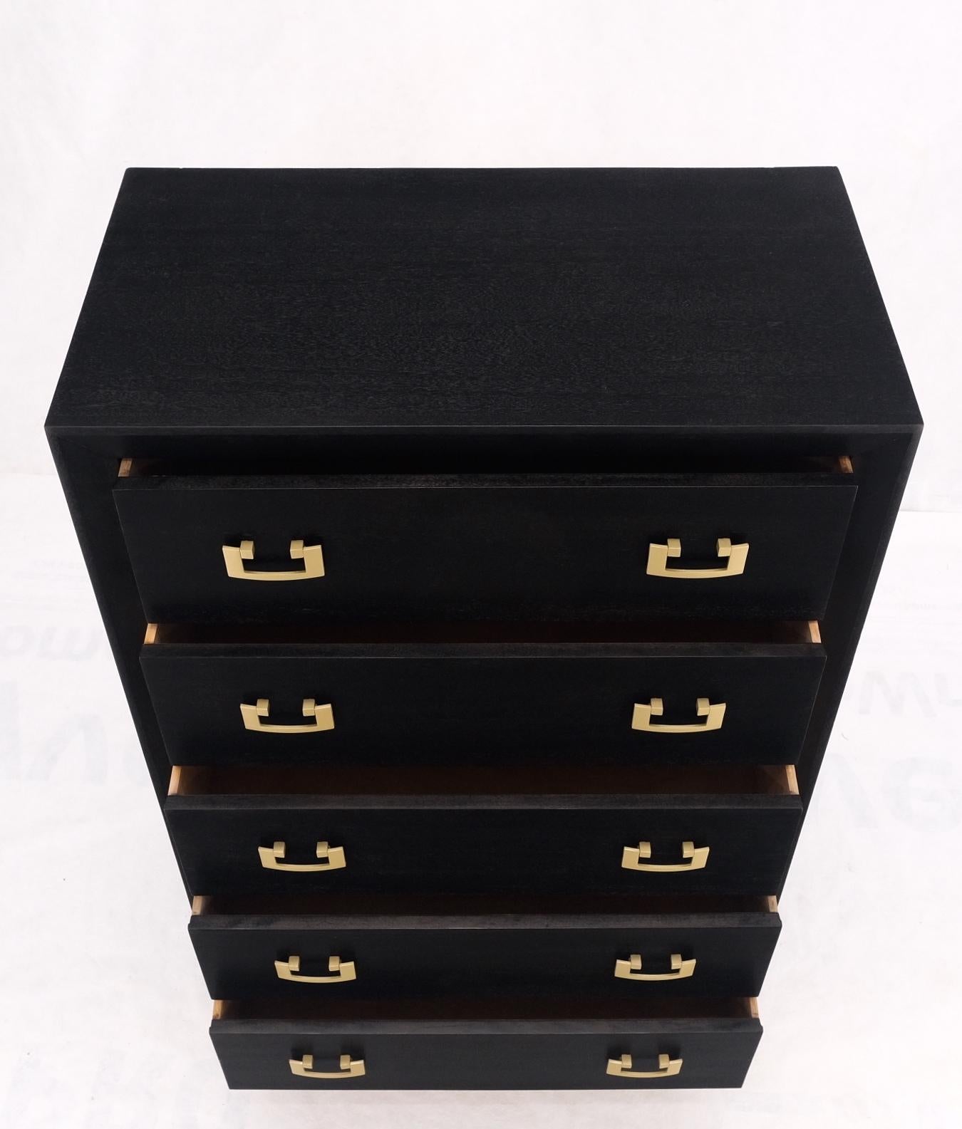 Ebonized Black Lacquer Mahogany Tall 5 Drawers Dresser Gold Bracket Pulls MNT For Sale 1