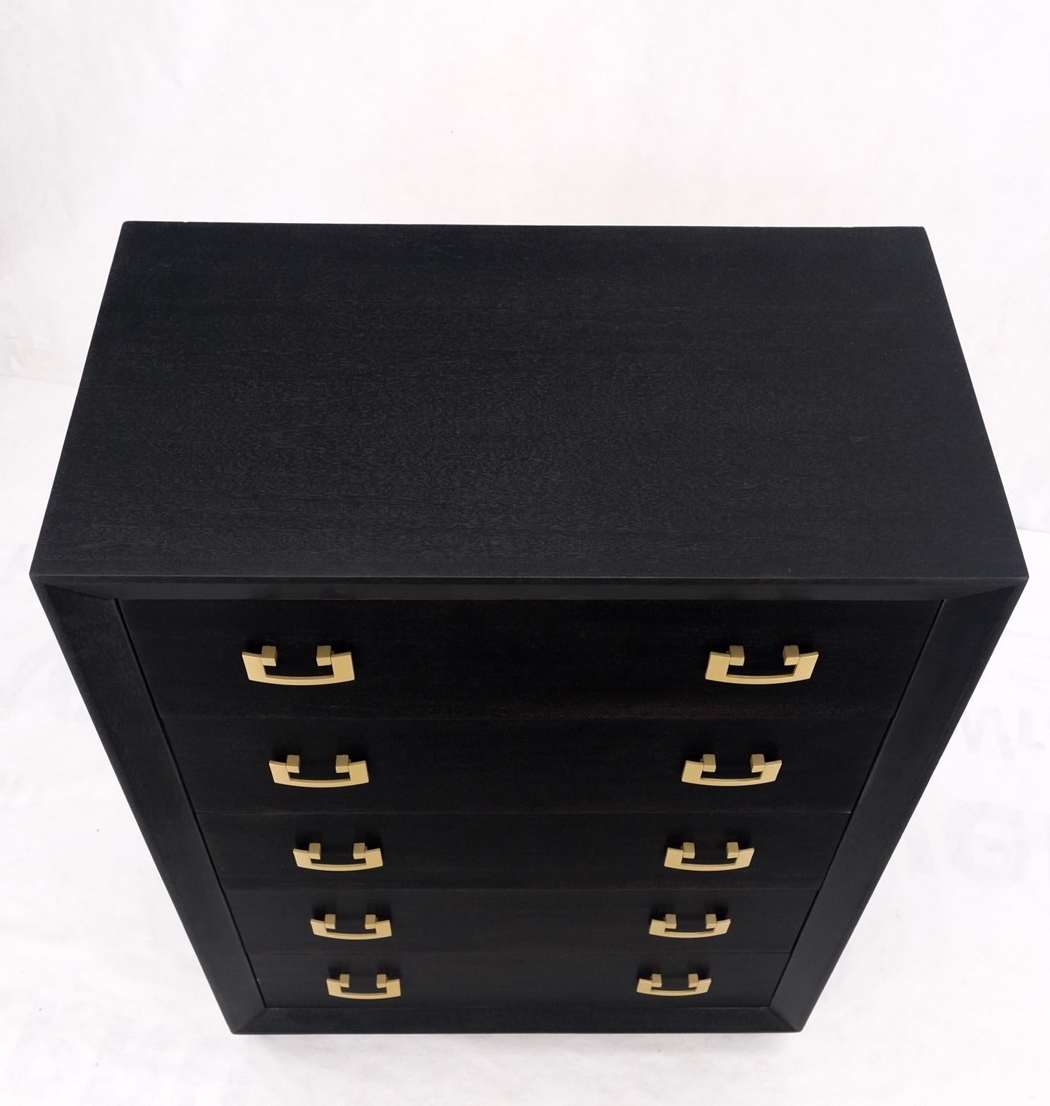 Ebonized Black Lacquer Mahogany Tall 5 Drawers Dresser Gold Bracket Pulls MNT For Sale 3