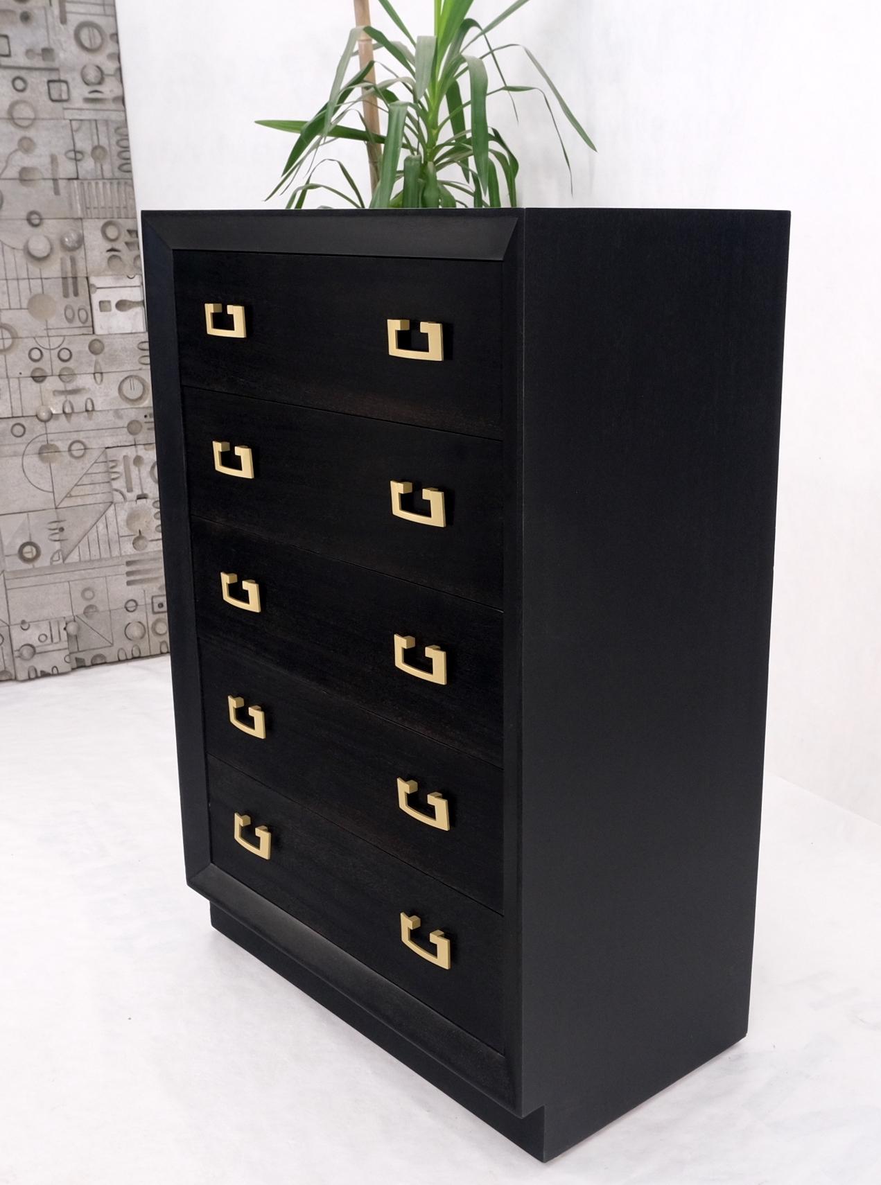 Ebonized Black Lacquer Mahogany Tall 5 Drawers Dresser Gold Bracket Pulls MNT For Sale 4