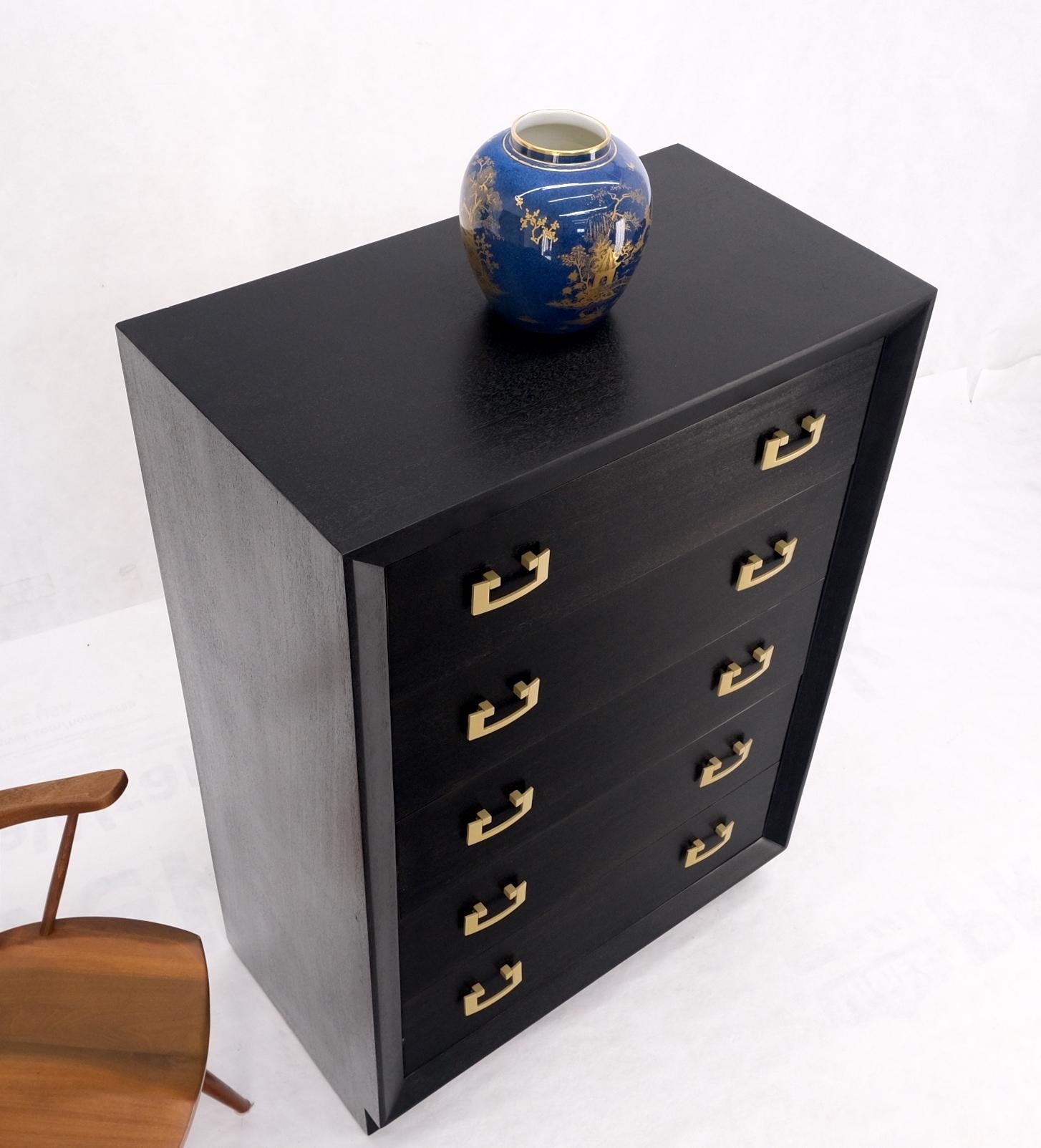 Ebonized Black Lacquer Mahogany Tall 5 Drawers Dresser Gold Bracket Pulls MNT For Sale 6