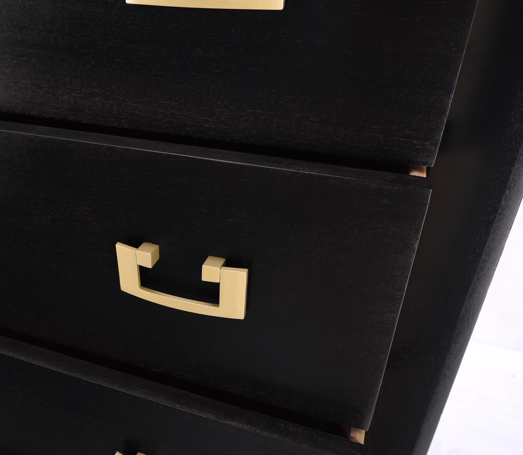 Mid-Century Modern Ebonized black lacquer mahogany tall 5 drawers dresser gold bracket pulls MNT.