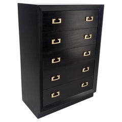 Ebonized Black Lacquer Mahogany Tall 5 Drawers Dresser Gold Bracket Pulls MNT
