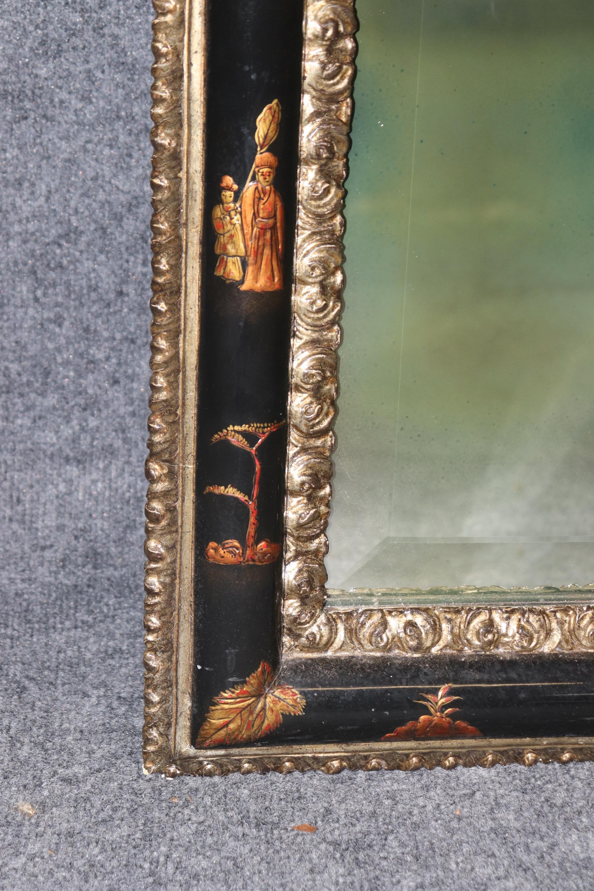 Mid-20th Century Ebonized Black Lacquered Maison Jansen Style Chinoiserie Etched Glass Mirror For Sale