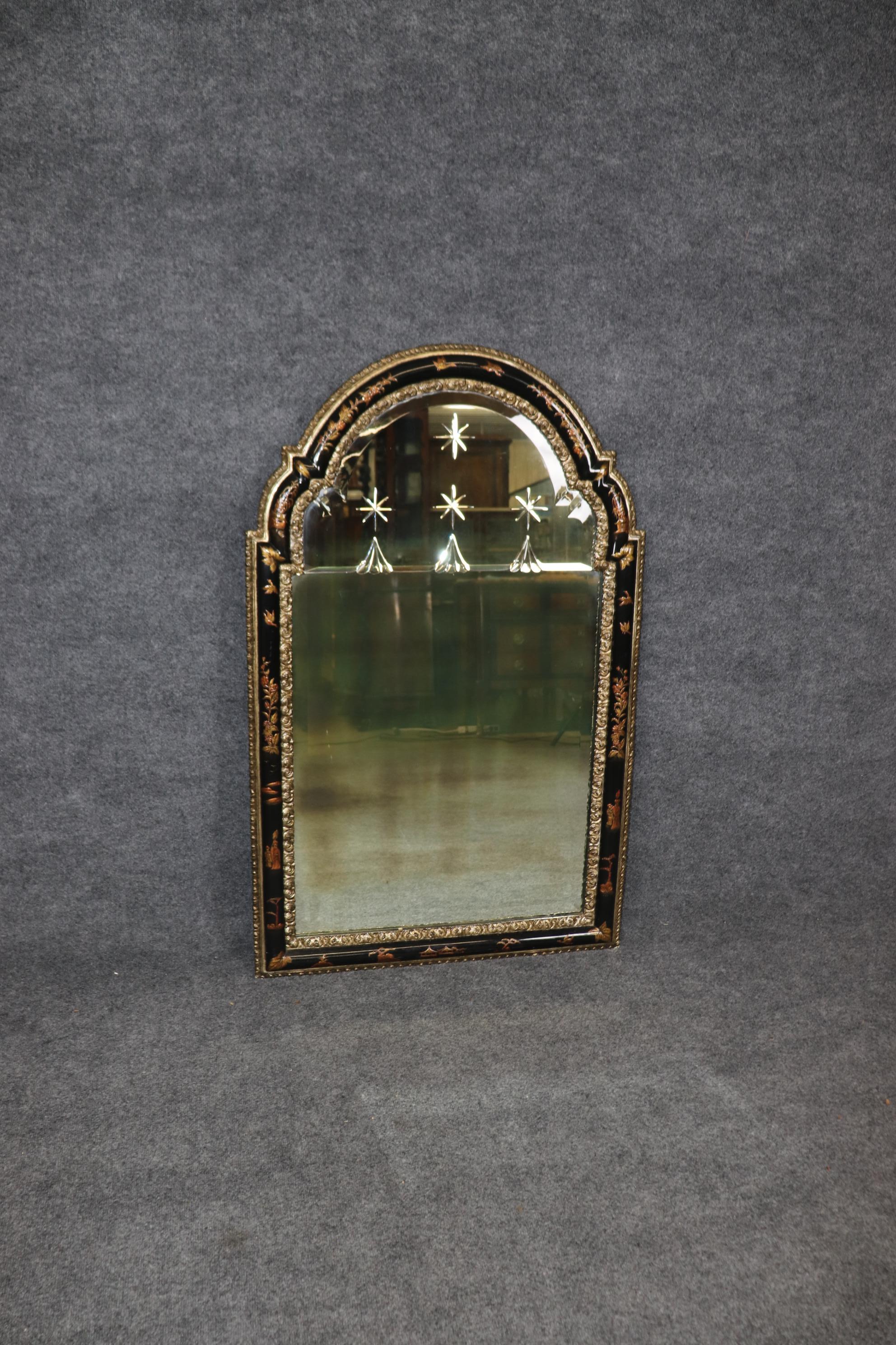 Ebonized Black Lacquered Maison Jansen Style Chinoiserie Etched Glass Mirror For Sale 1