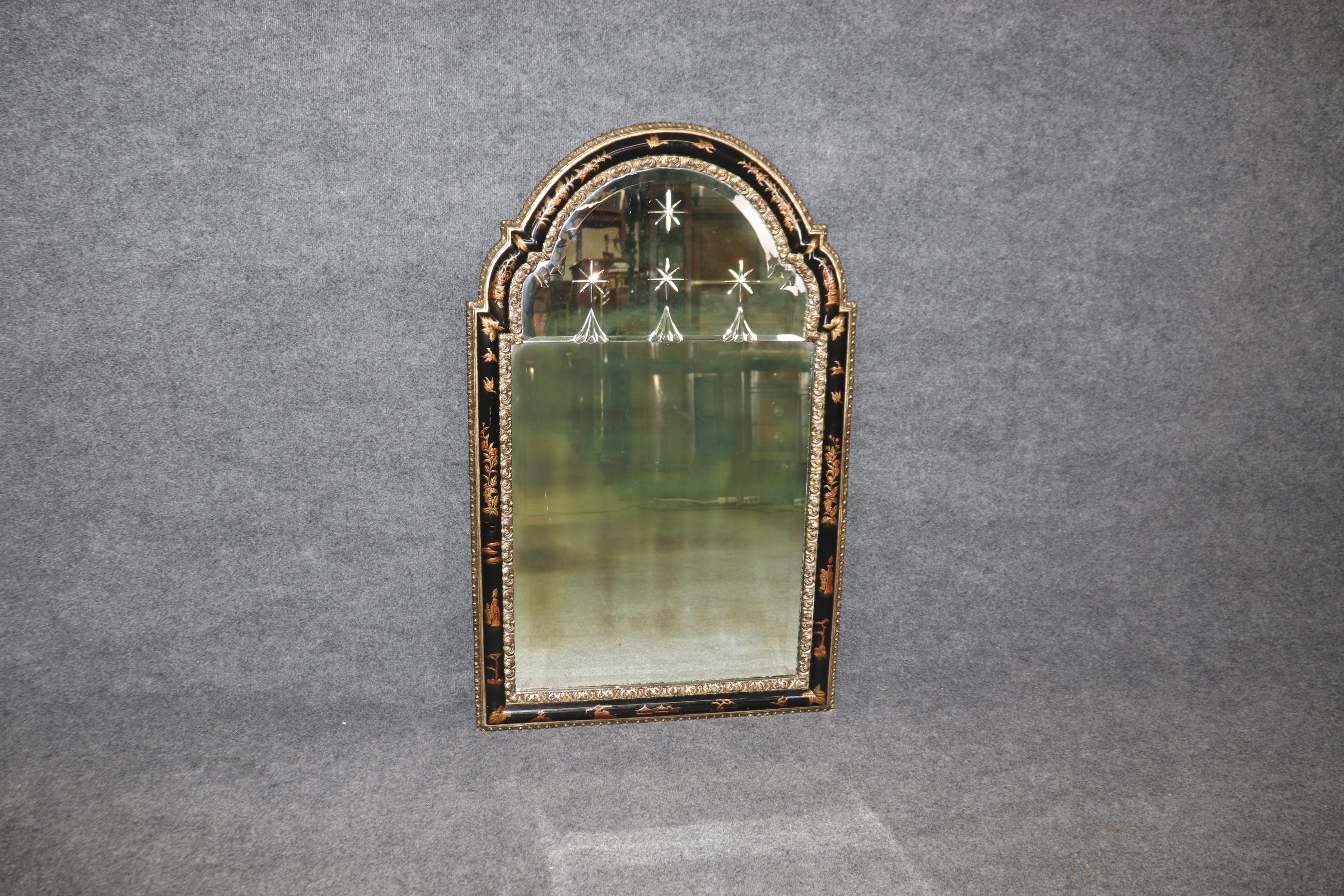 Ebonized Black Lacquered Maison Jansen Style Chinoiserie Etched Glass Mirror For Sale 2