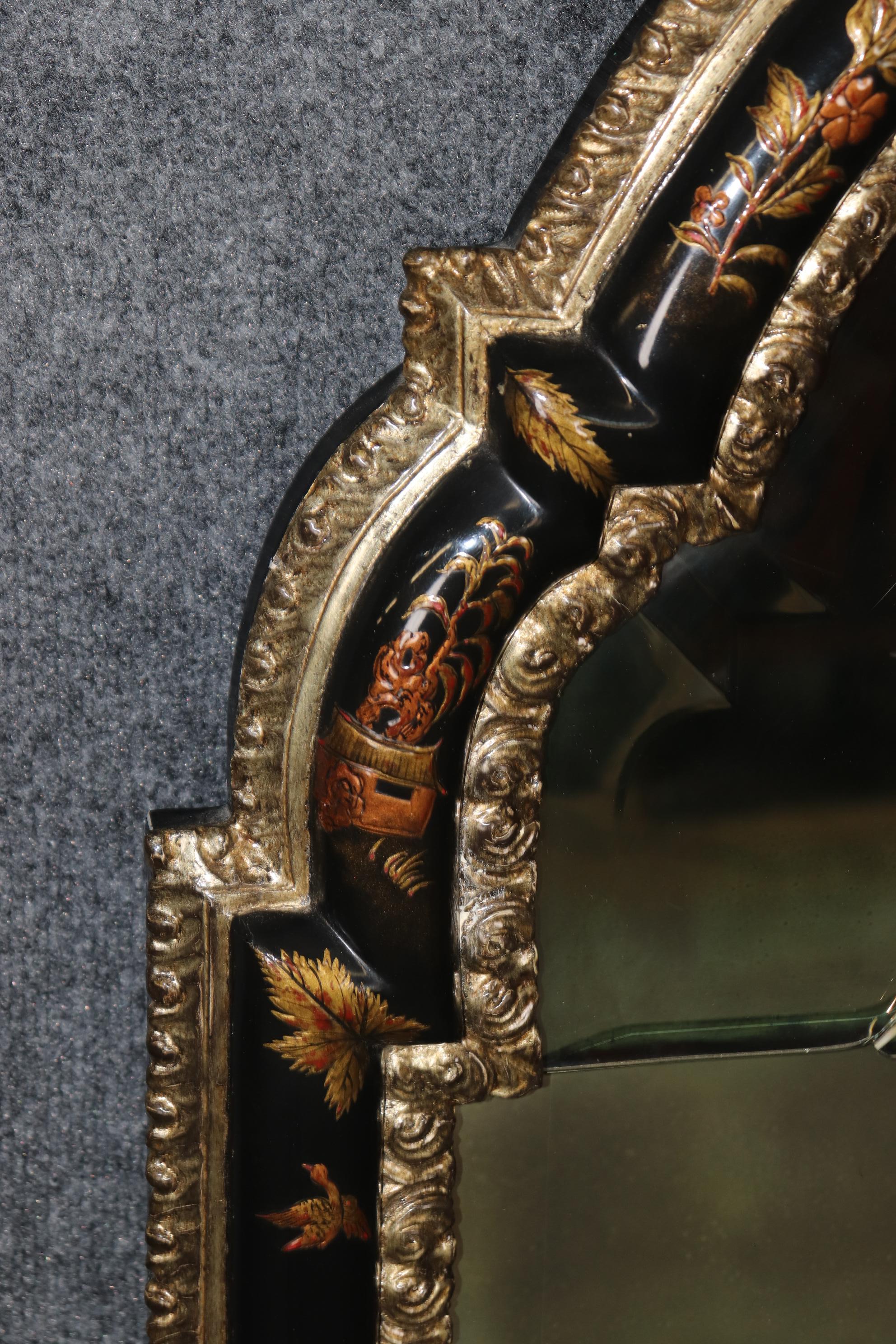 Ebonized Black Lacquered Maison Jansen Style Chinoiserie Etched Glass Mirror For Sale 3
